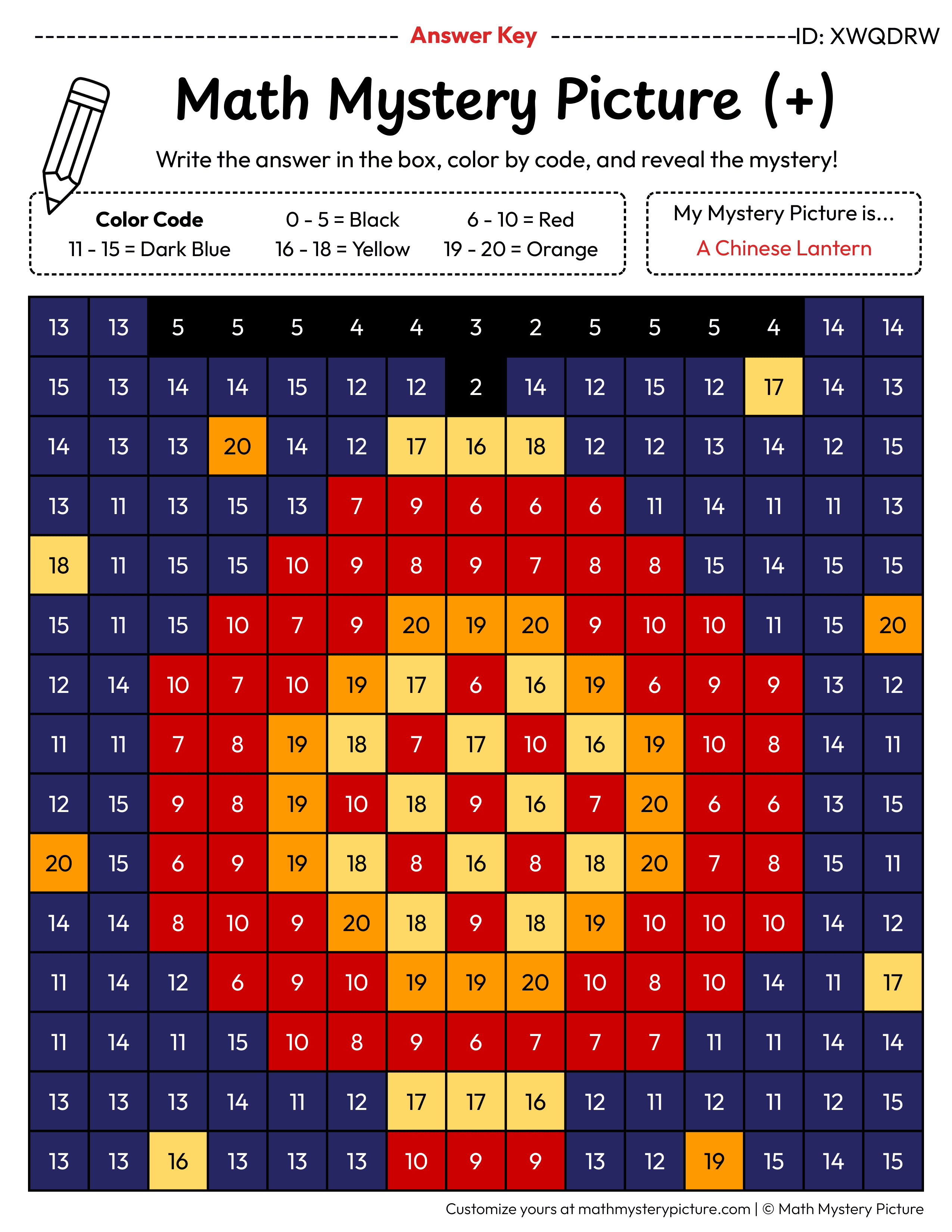 Chinese Lantern Addition Within 20 Math Mystery Picture Color by Number Answer Key