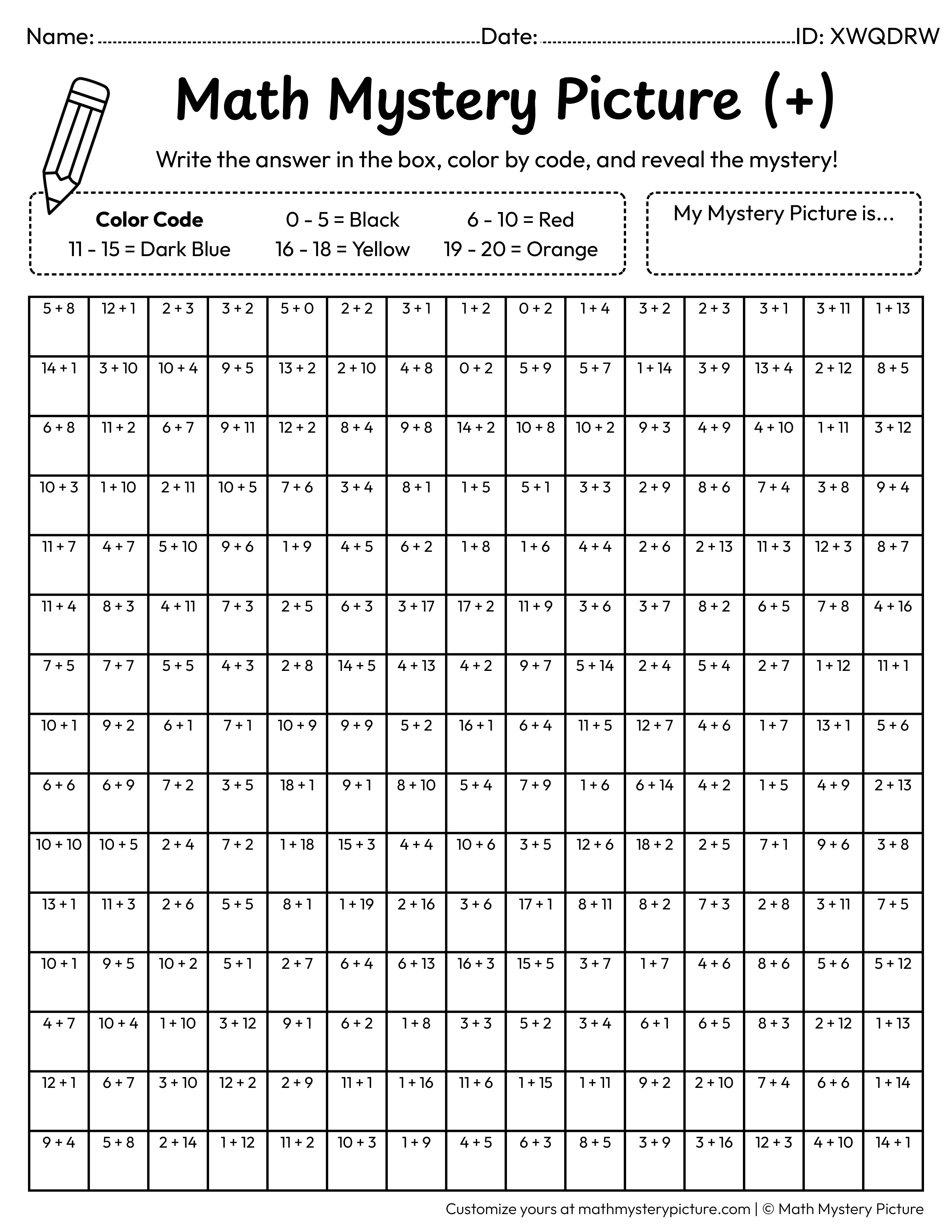 Chinese Lantern Addition Within 20 Math Mystery Picture Coloring Worksheet