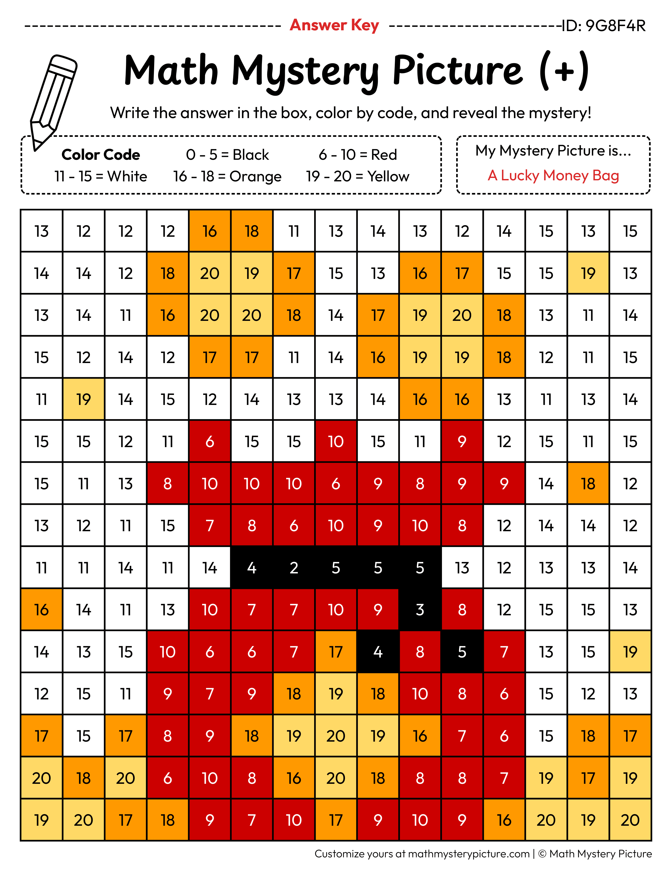 Chinese New Year Lucky Money Bag Addition Within 20 Math Mystery Picture Color by Number Answer Key