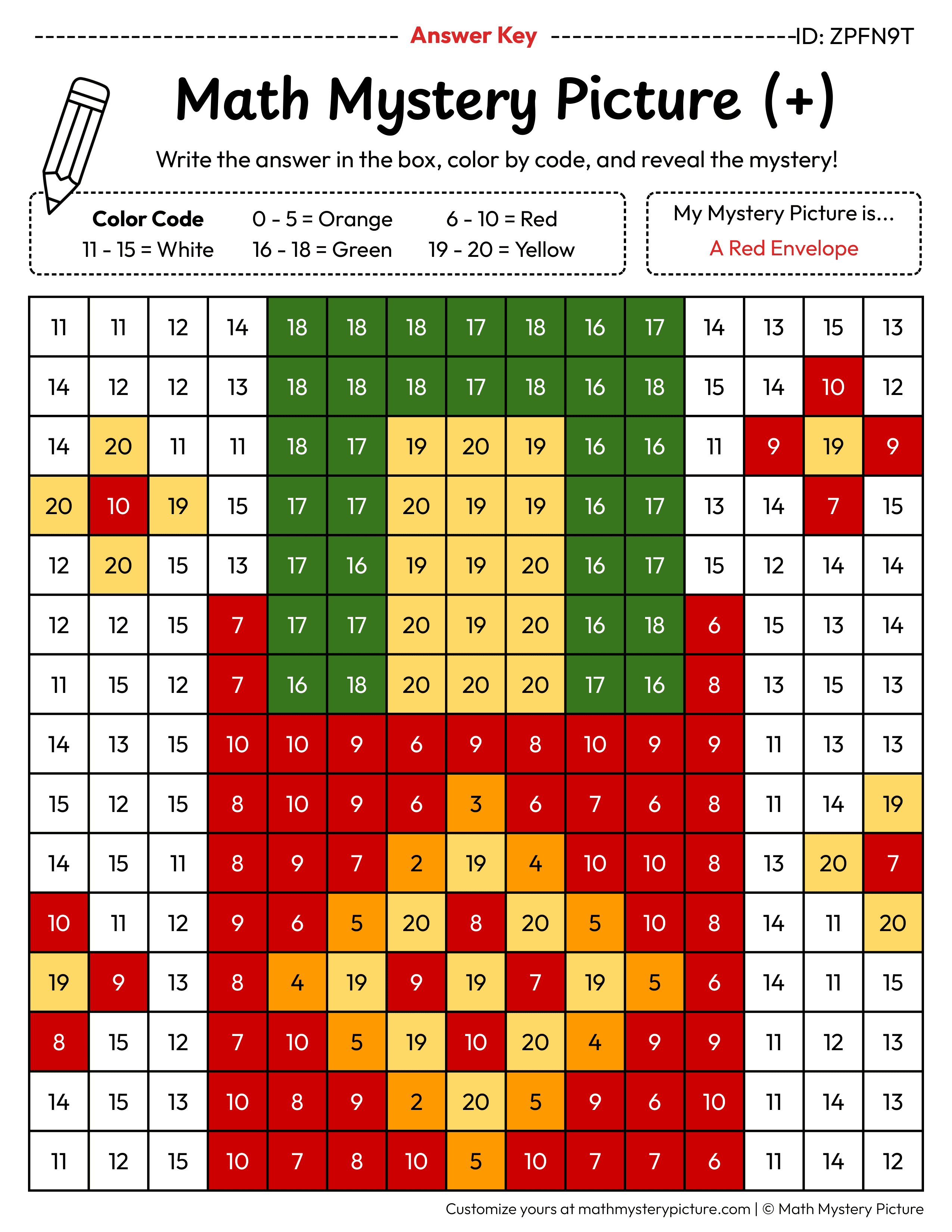 Chinese New Year Red Envelope Addition Within 20 Math Mystery Picture Color by Number Answer Key