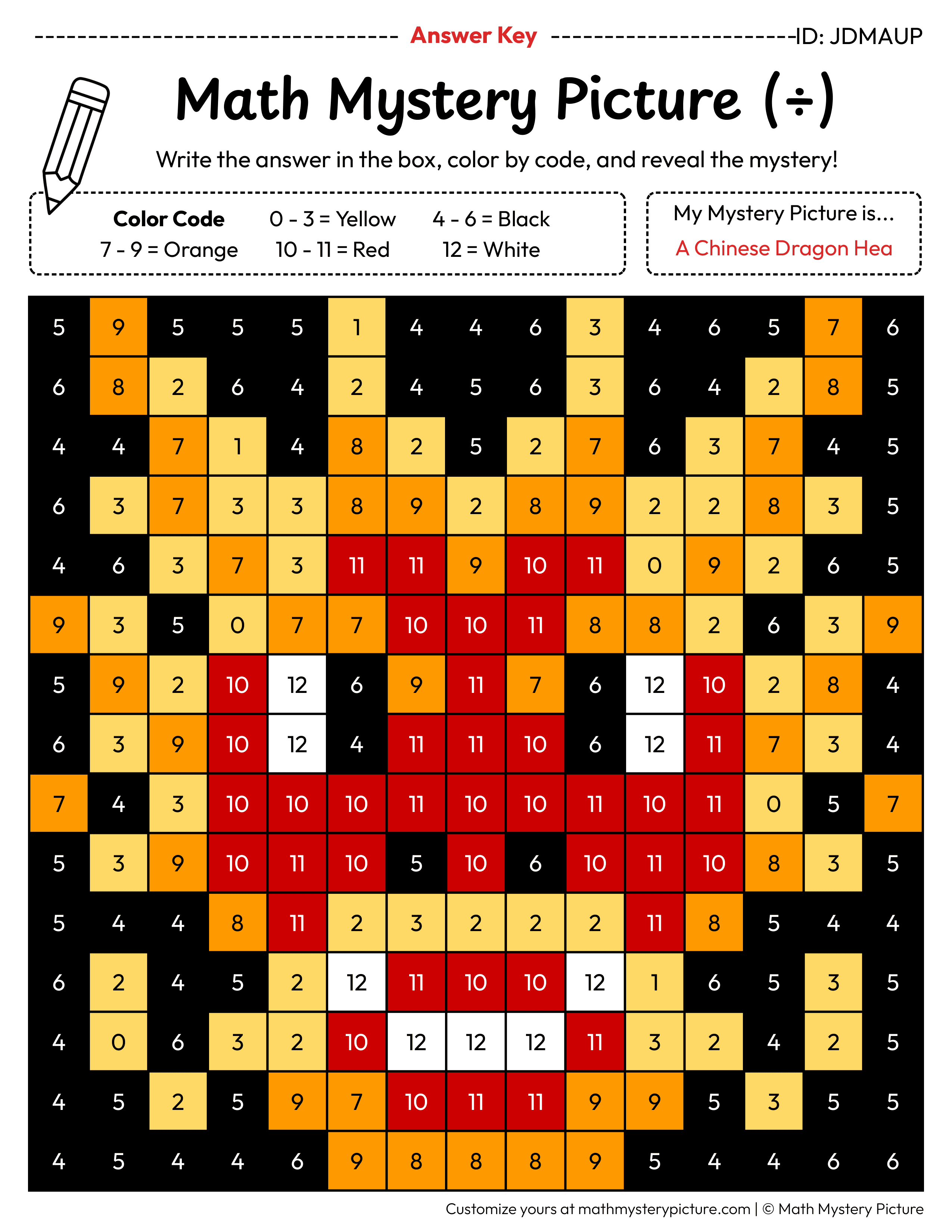 Chinese Dragon Head Division Facts Math Mystery Picture Color by Number Answer Key