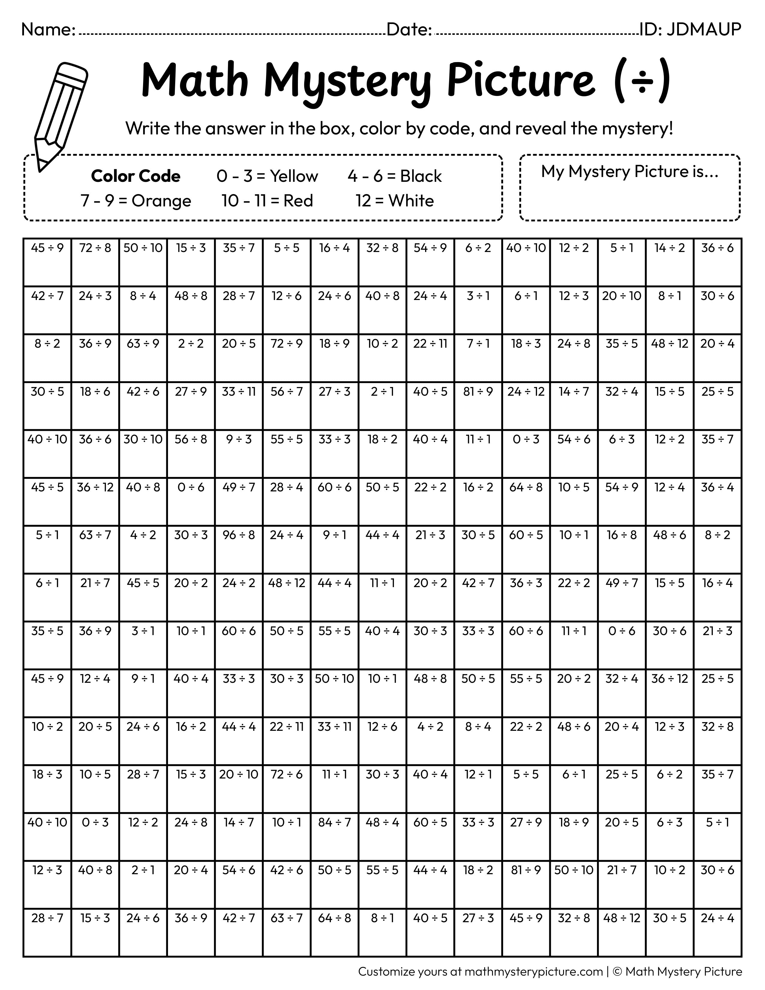 Chinese Dragon Head Division Facts Math Mystery Picture Coloring Worksheet