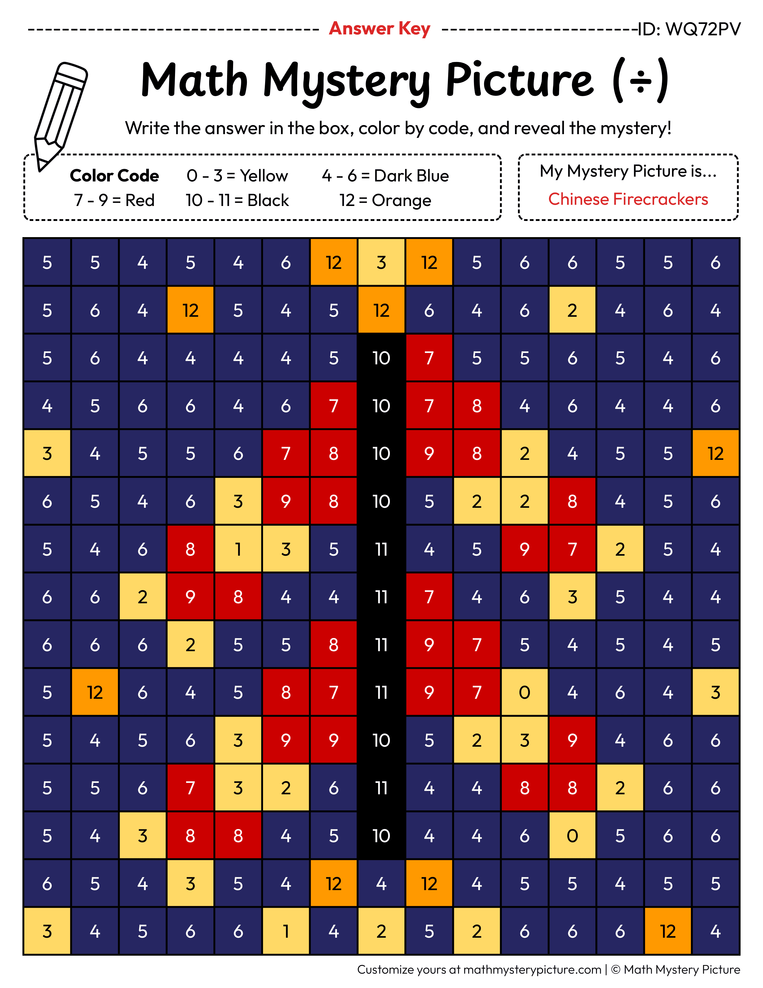 Chinese Firecrackers Division Facts Math Mystery Picture Color by Number Answer Key
