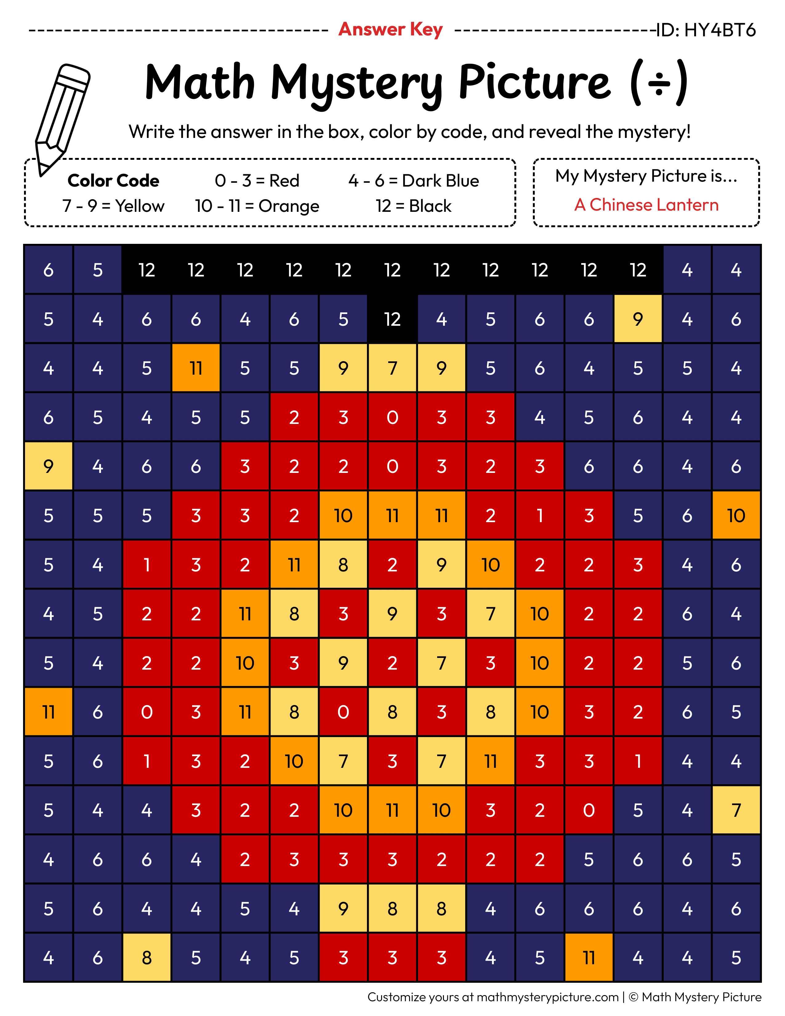 Chinese Lantern Division Facts Math Mystery Picture Color by Number Answer Key