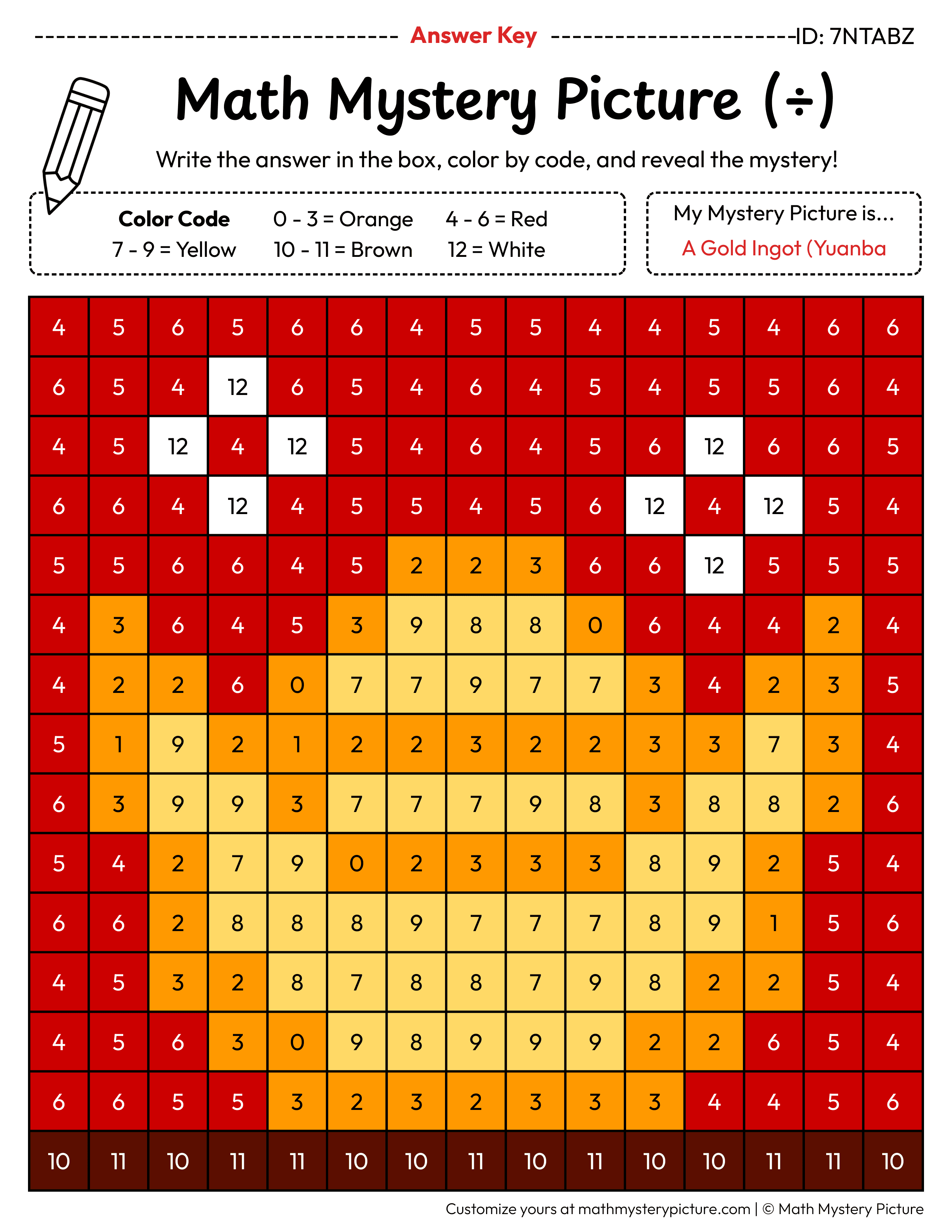 Chinese New Year Gold Ingot Division Facts Math Mystery Picture Color by Number Answer Key