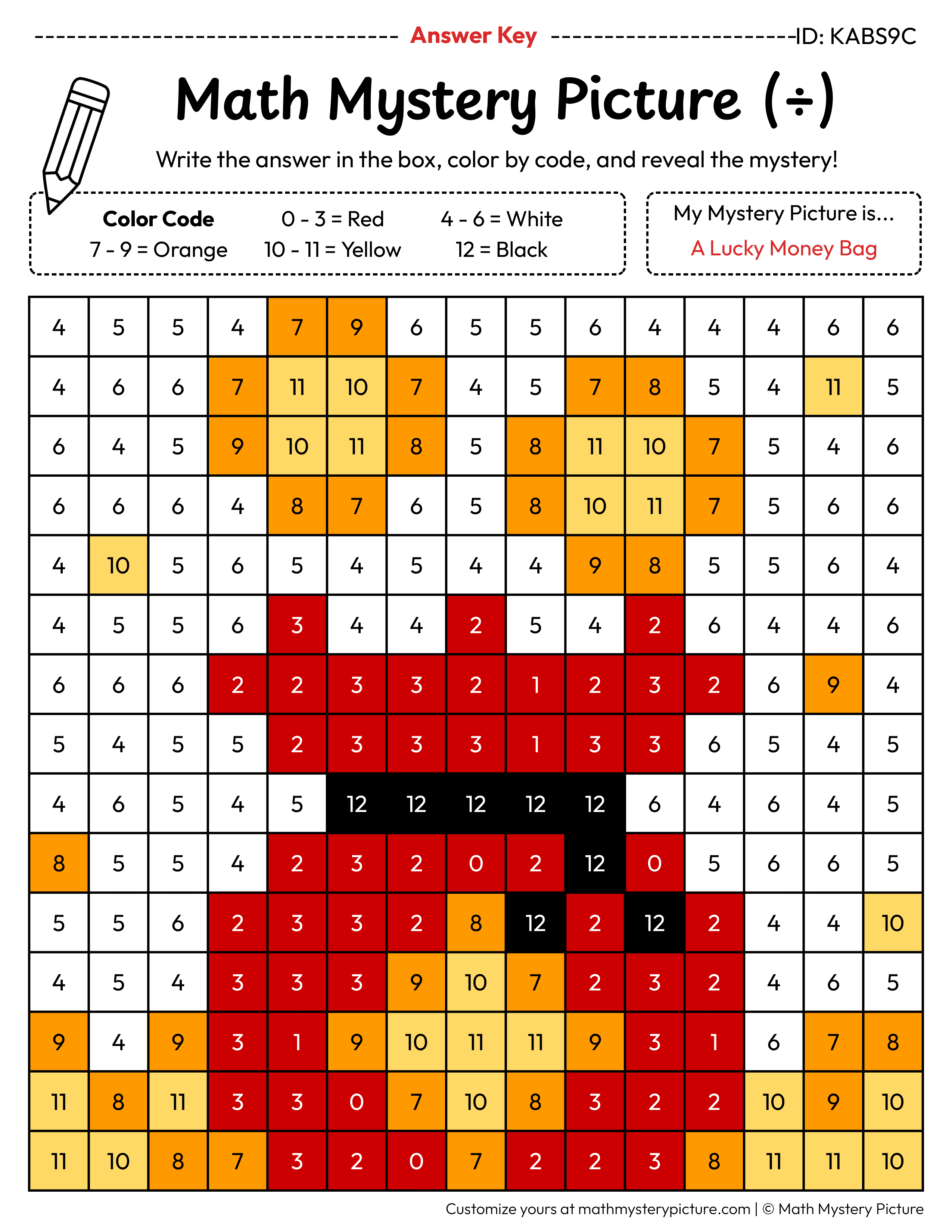 Chinese New Year Lucky Money Bag Division Facts Math Mystery Picture Color by Number Answer Key