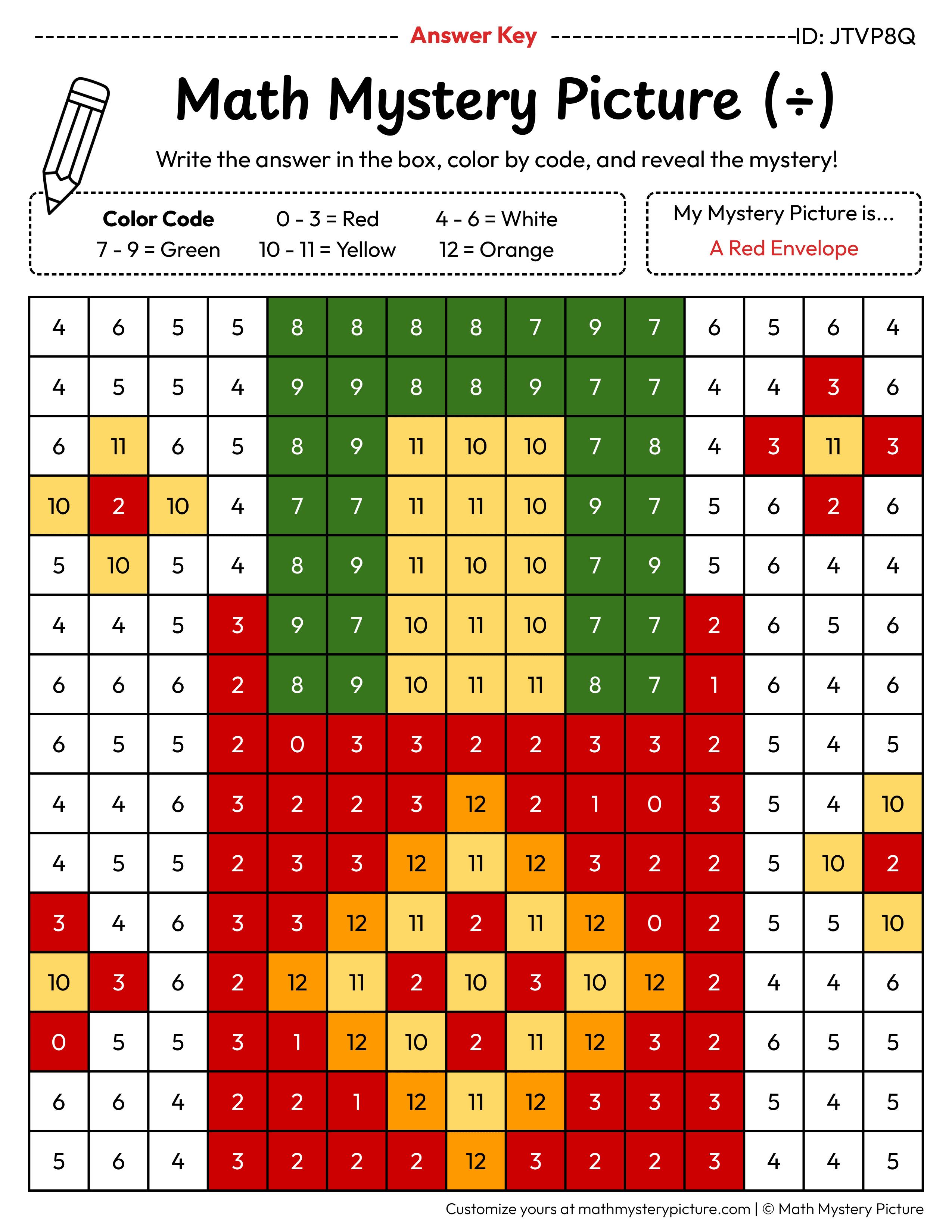 Chinese New Year Red Envelope Division Facts Math Mystery Picture Color by Number Answer Key