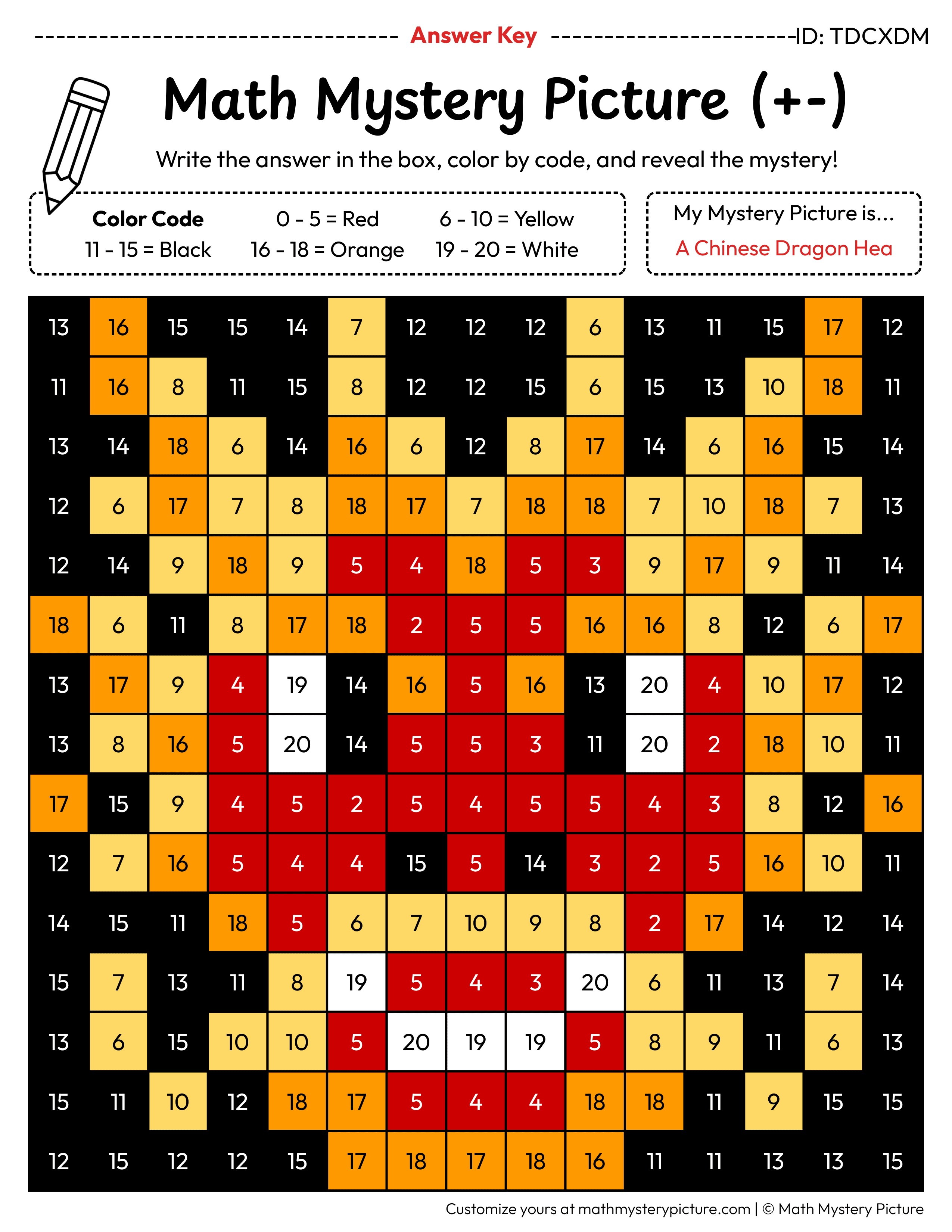 Chinese Dragon Head Mixed Addition and Subtraction Within 20 Math Mystery Picture Color by Number Answer Key