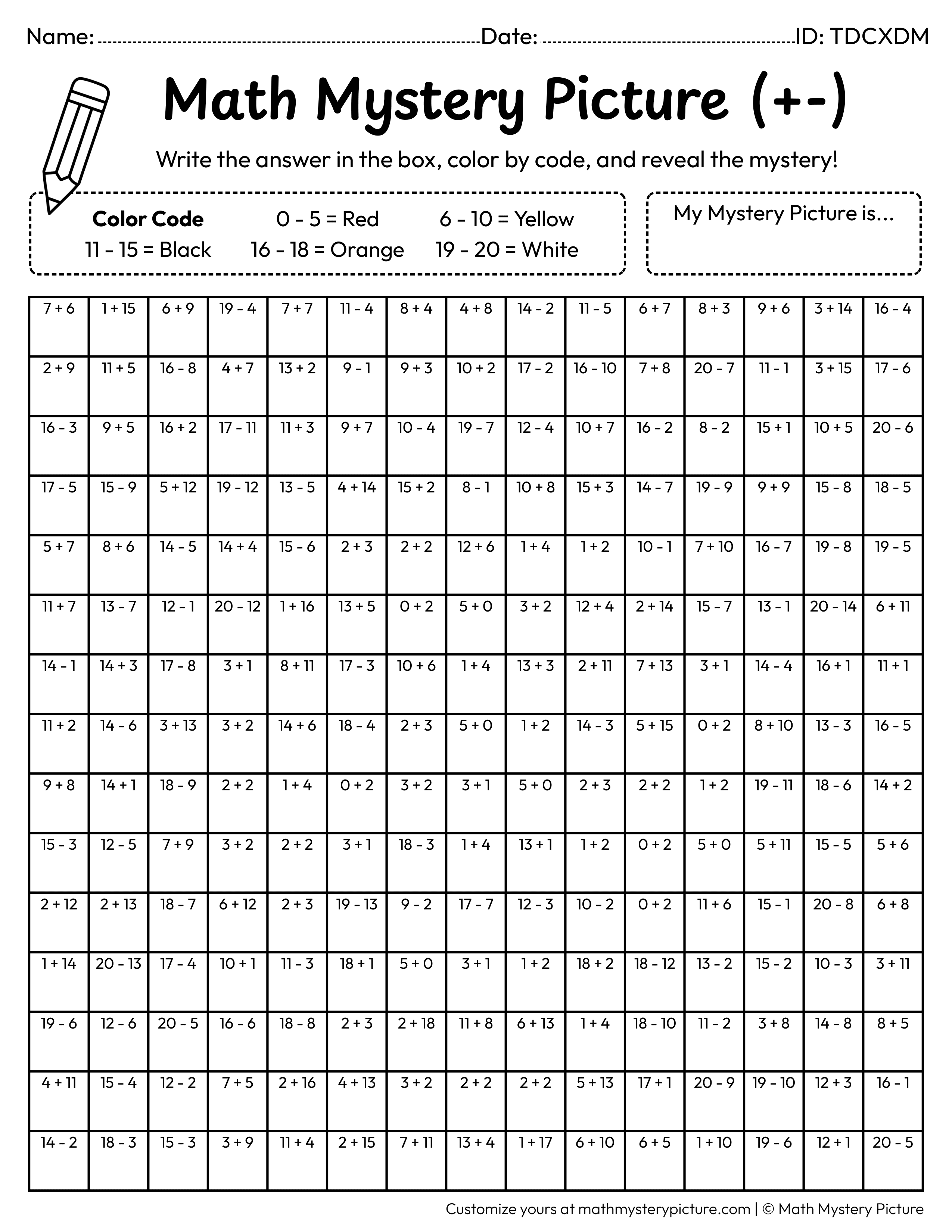 Chinese Dragon Head Mixed Addition and Subtraction Within 20 Math Mystery Picture Coloring Worksheet