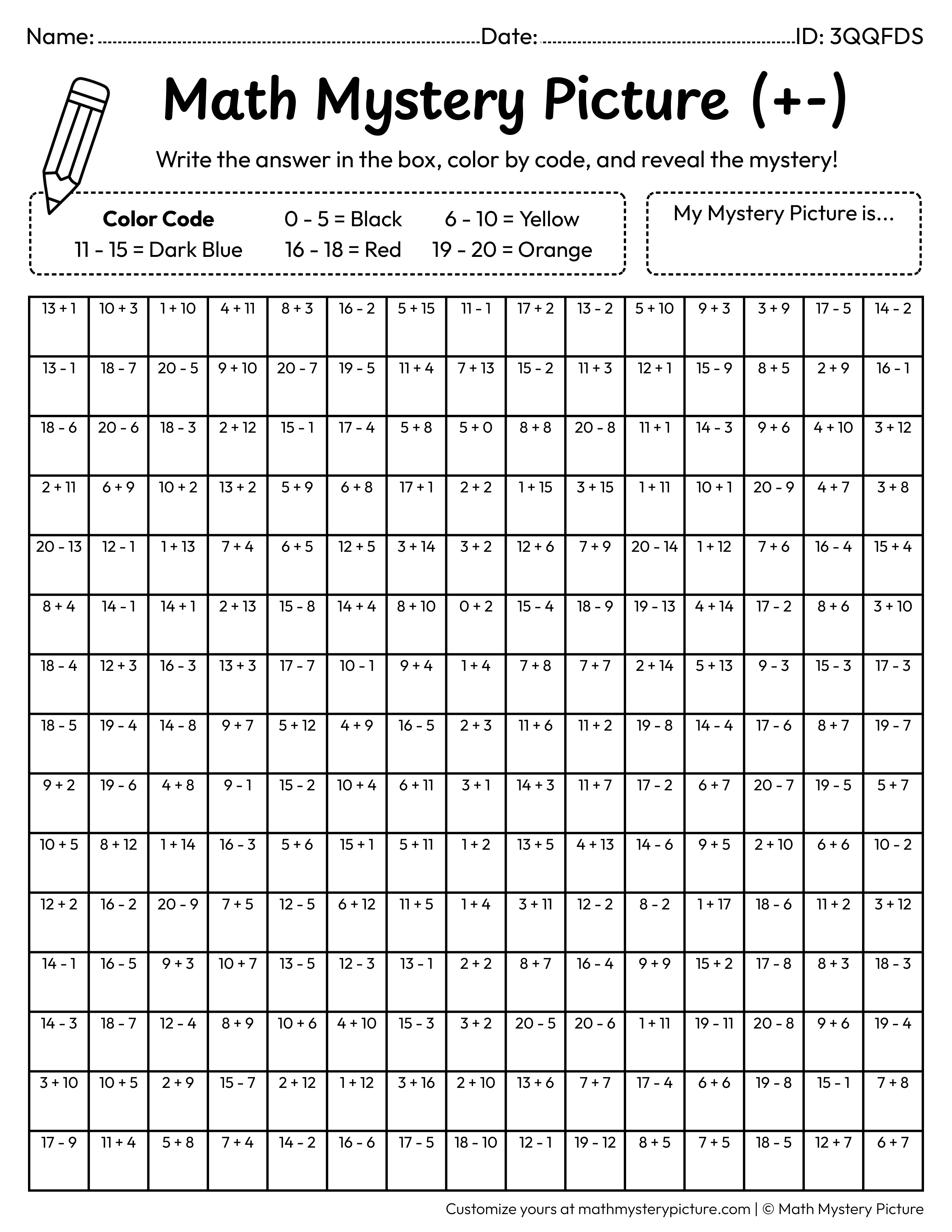 Chinese Firecrackers Mixed Addition and Subtraction Within 20 Math Mystery Picture Coloring Worksheet