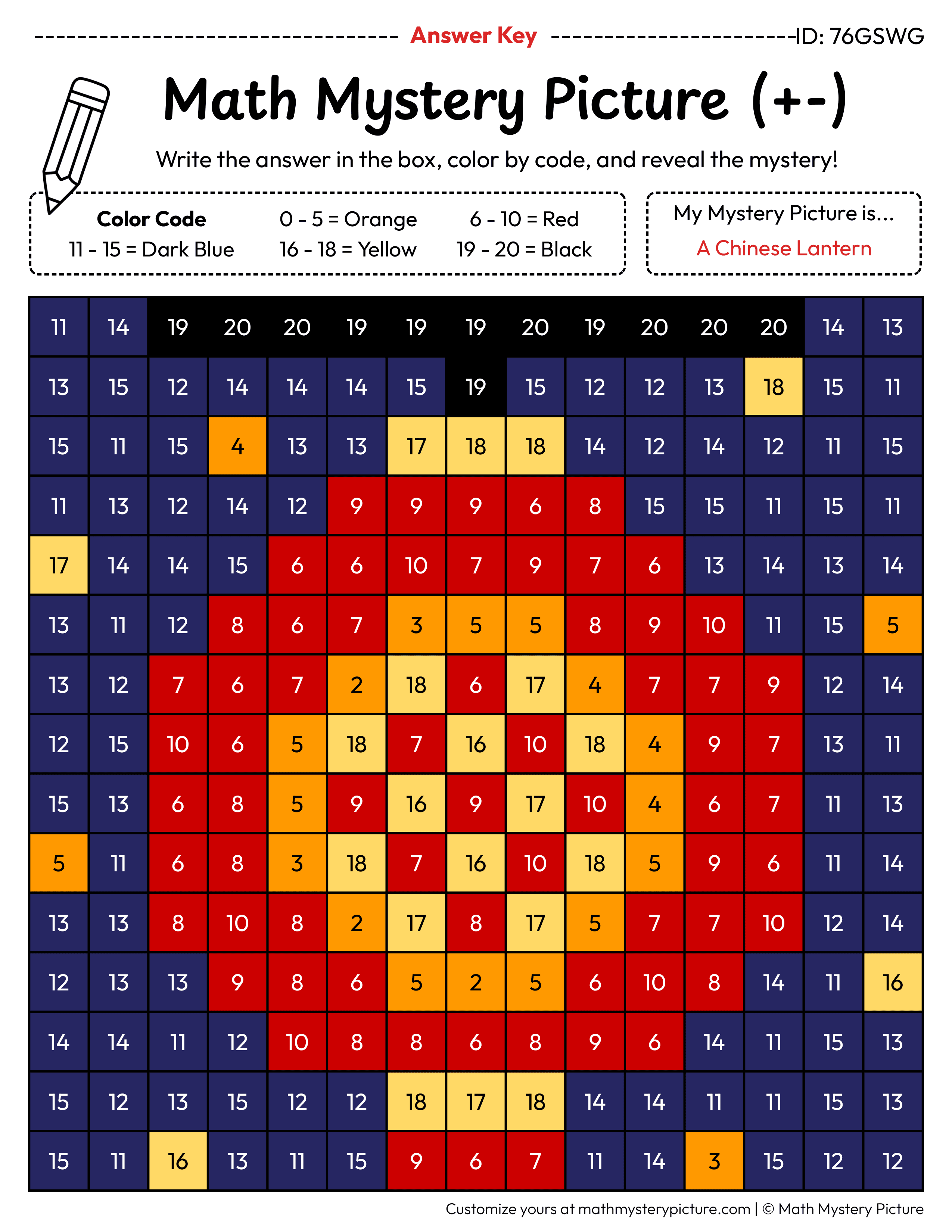 Chinese Lantern Mixed Addition and Subtraction Within 20 Math Mystery Picture Color by Number Answer Key
