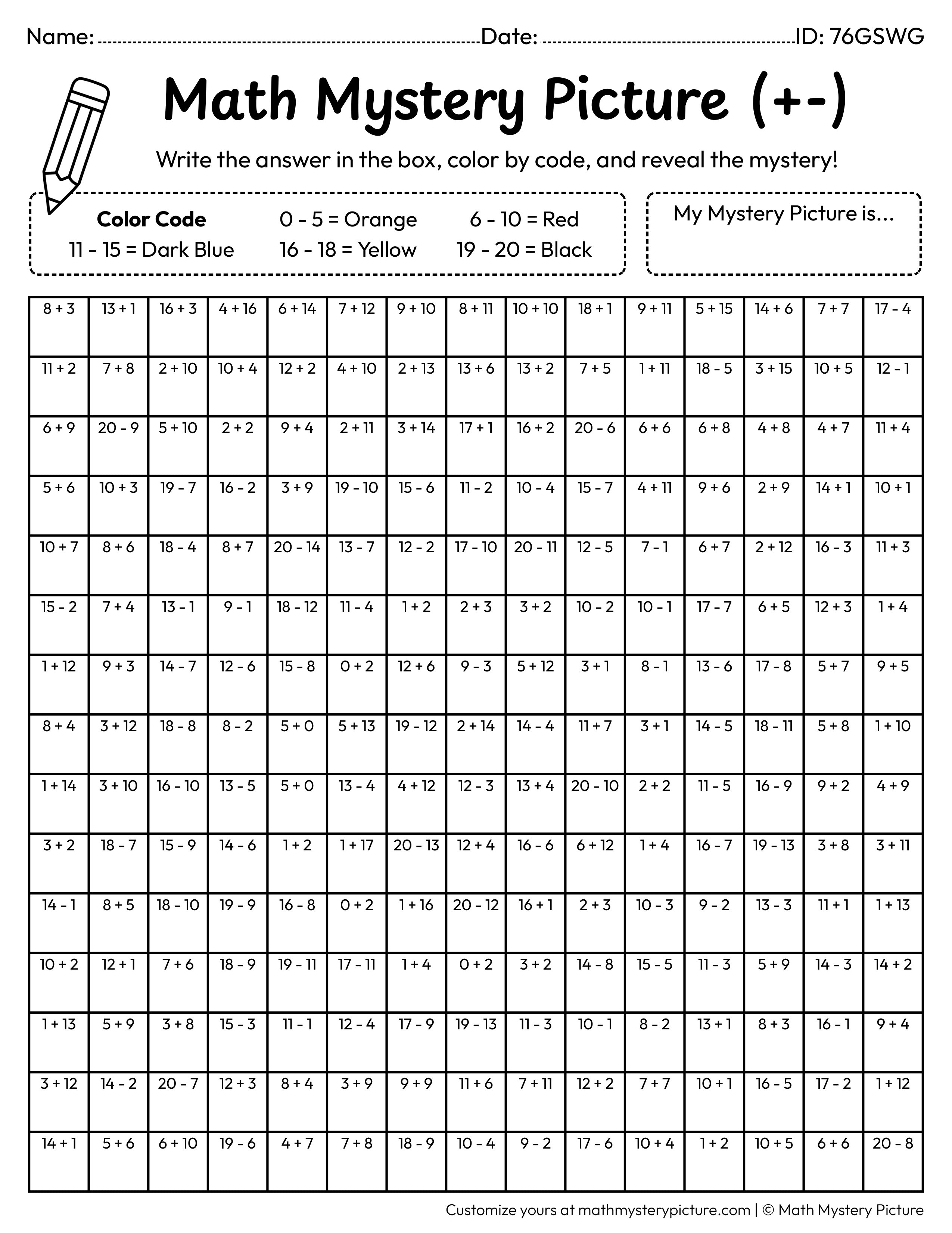 Chinese Lantern Mixed Addition and Subtraction Within 20 Math Mystery Picture Coloring Worksheet