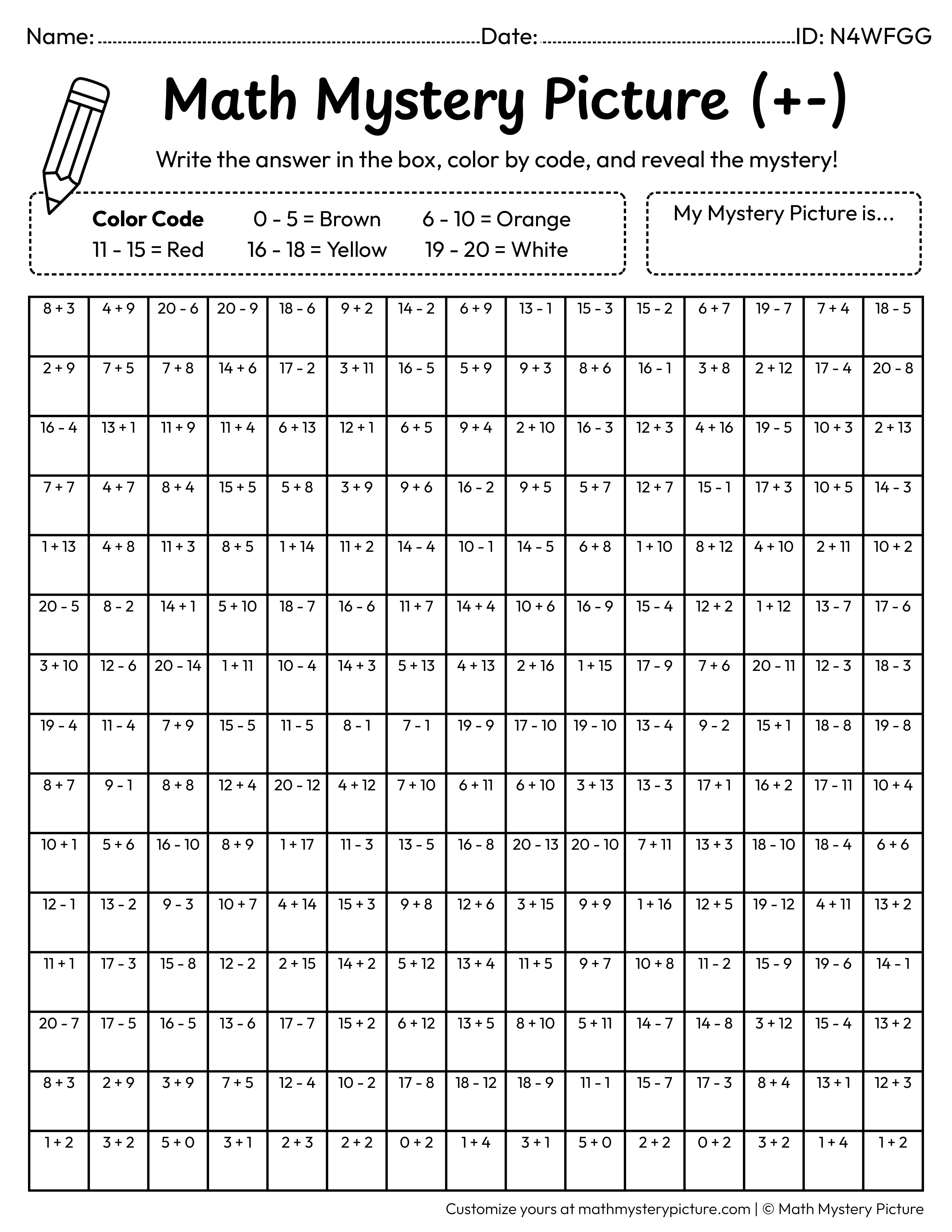 Chinese New Year Gold Ingot Mixed Addition and Subtraction Within 20 Math Mystery Picture Coloring Worksheet