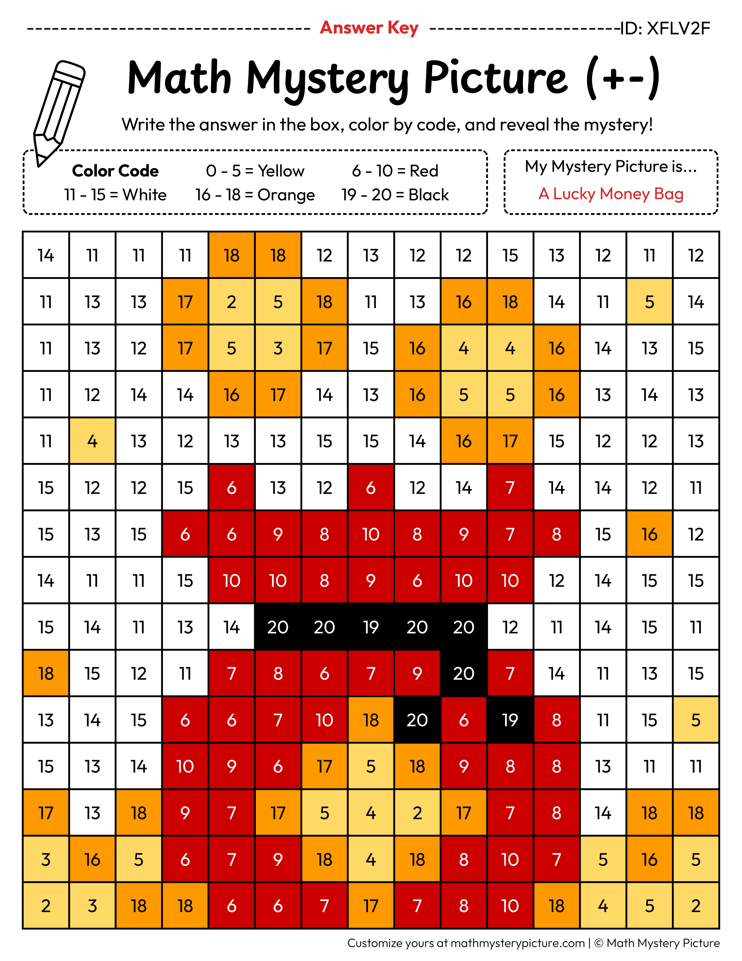 Chinese New Year Lucky Money Bag Mixed Addition and Subtraction Within 20 Math Mystery Picture Color by Number Answer Key