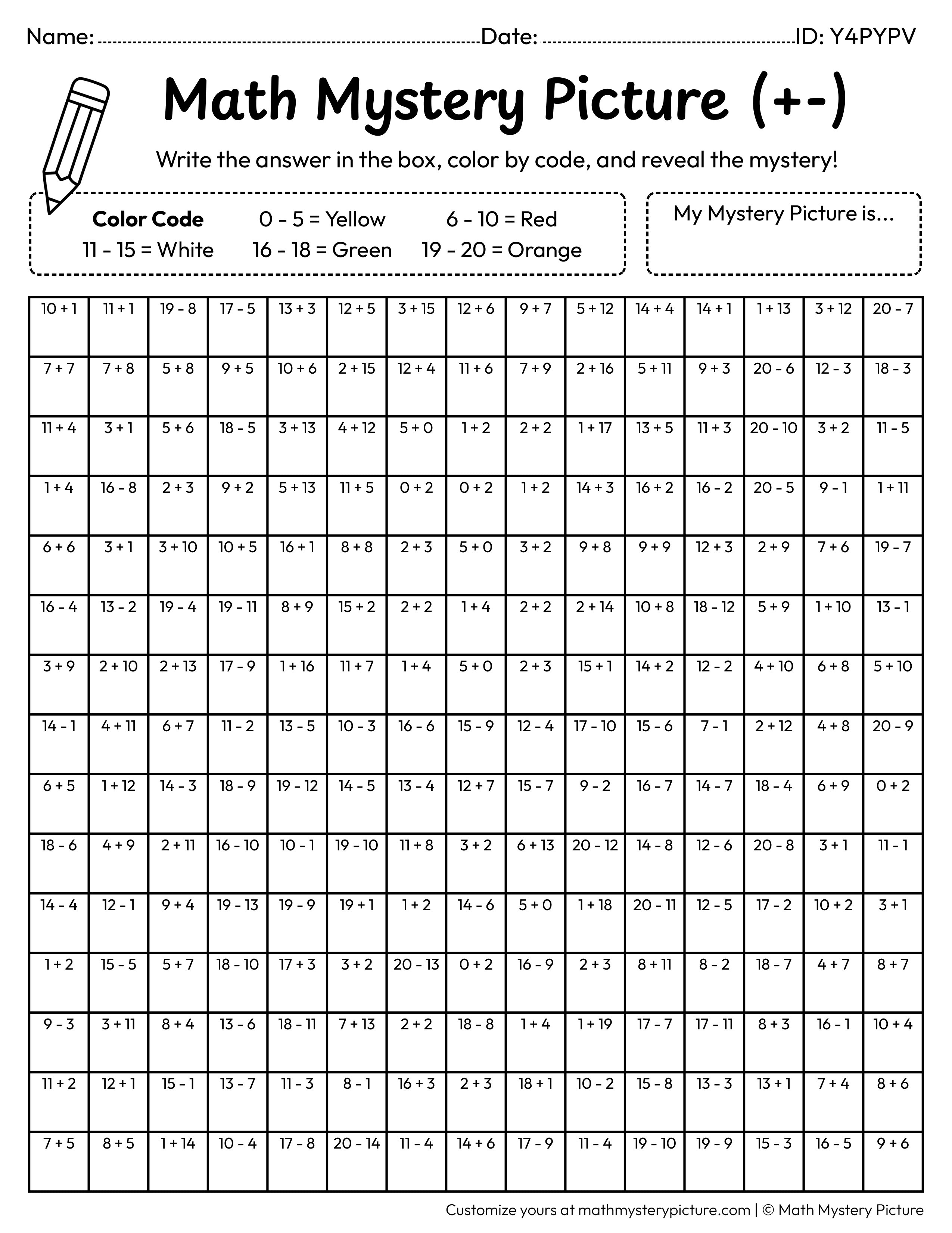 Chinese New Year Red Envelope Mixed Addition and Subtraction Within 20 Math Mystery Picture Coloring Worksheet