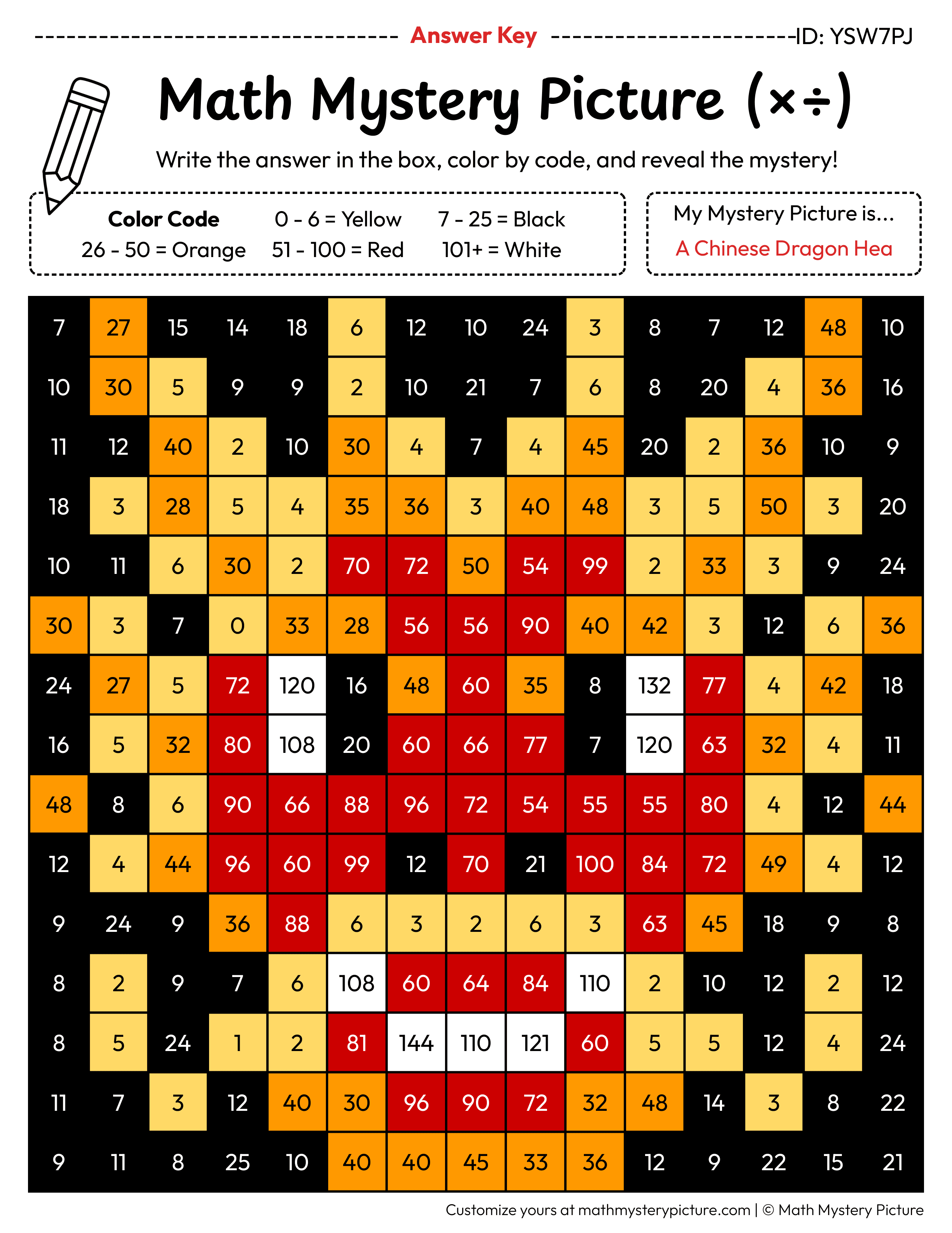 Chinese Dragon Head Mixed Multiplication and Division Facts Math Mystery Picture Color by Number Answer Key