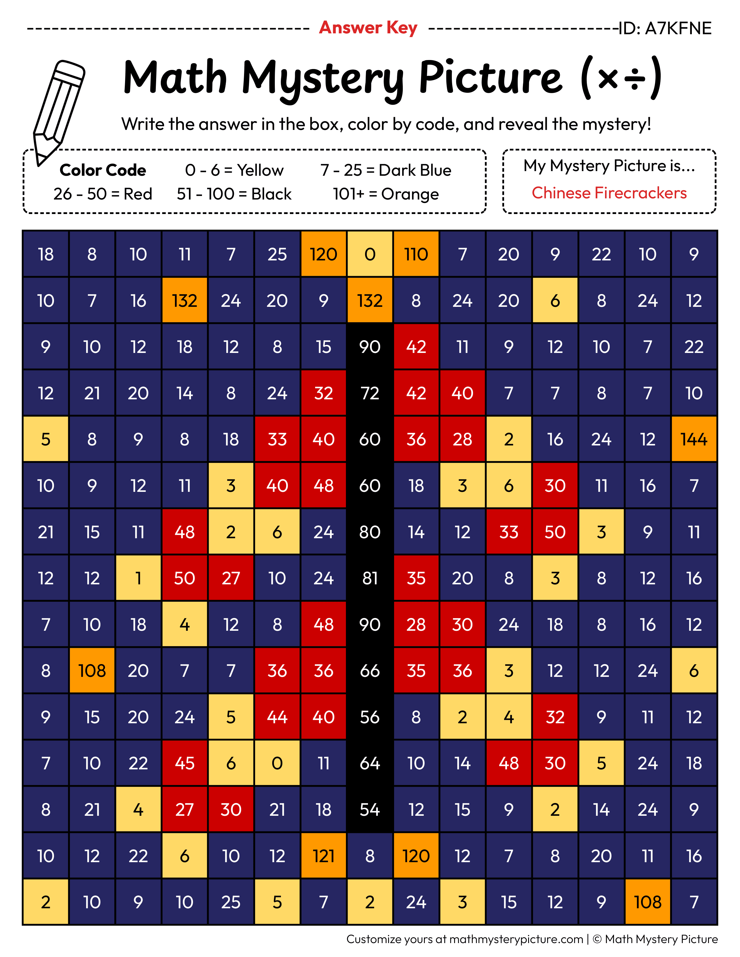Chinese Firecrackers Mixed Multiplication and Division Facts Math Mystery Picture Color by Number Answer Key