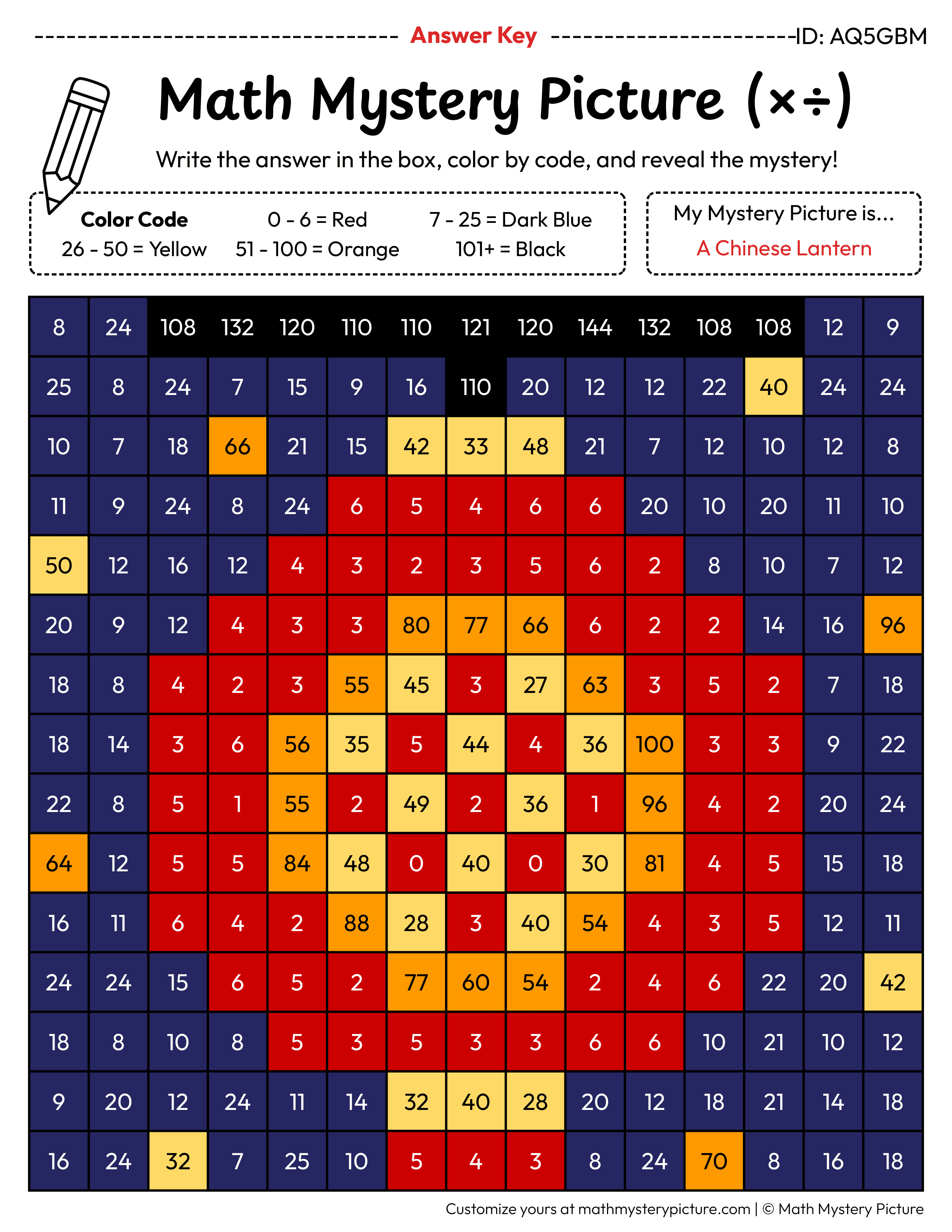 Chinese Lantern Mixed Multiplication and Division Facts Math Mystery Picture Color by Number Answer Key