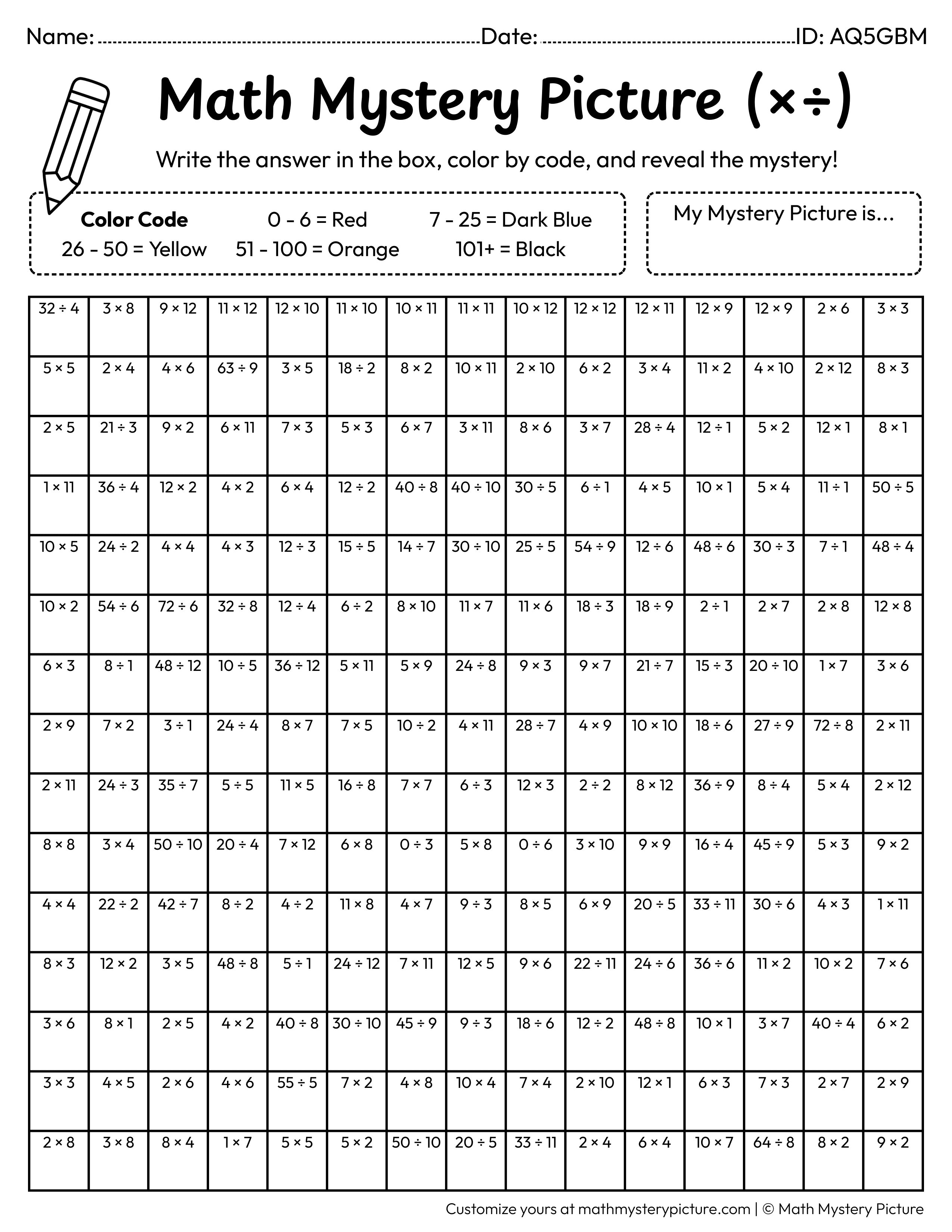 Chinese Lantern Mixed Multiplication and Division Facts Math Mystery Picture Coloring Worksheet