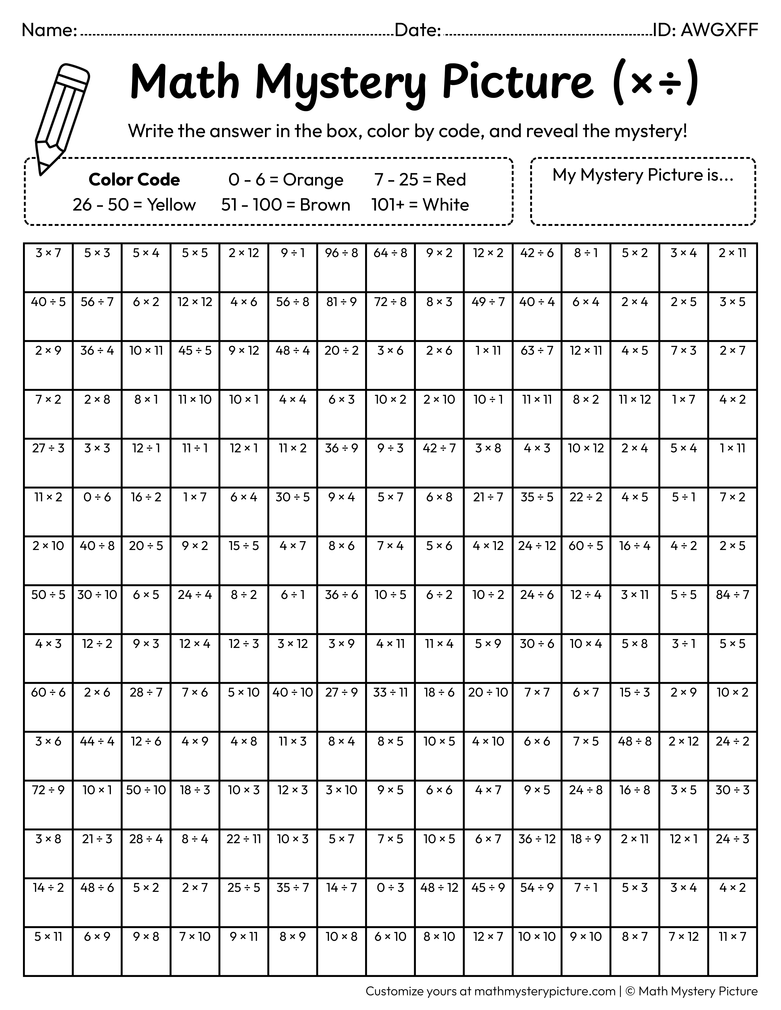 Chinese New Year Gold Ingot Mixed Multiplication and Division Facts Math Mystery Picture Coloring Worksheet