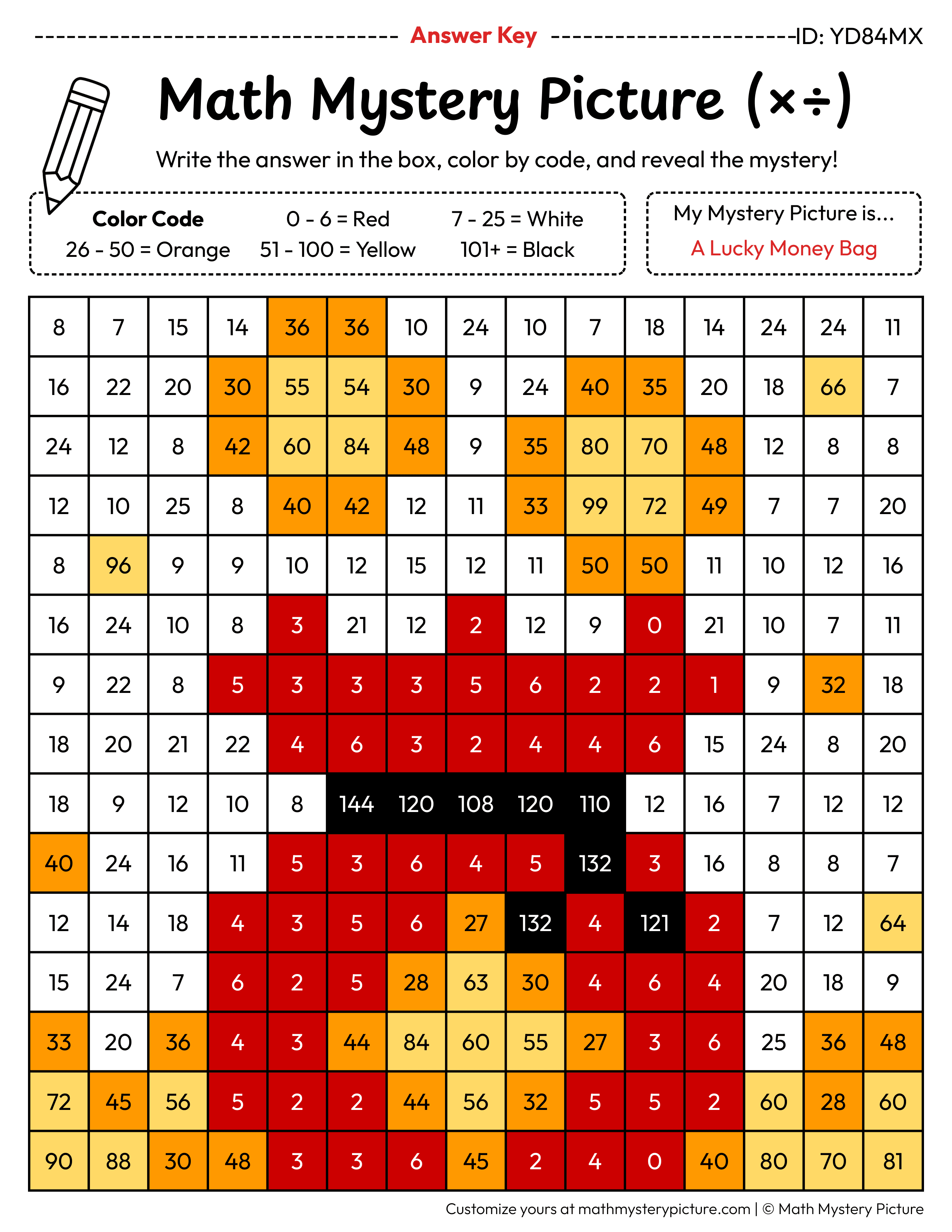 Chinese New Year Lucky Money Bag Mixed Multiplication and Division Facts Math Mystery Picture Color by Number Answer Key