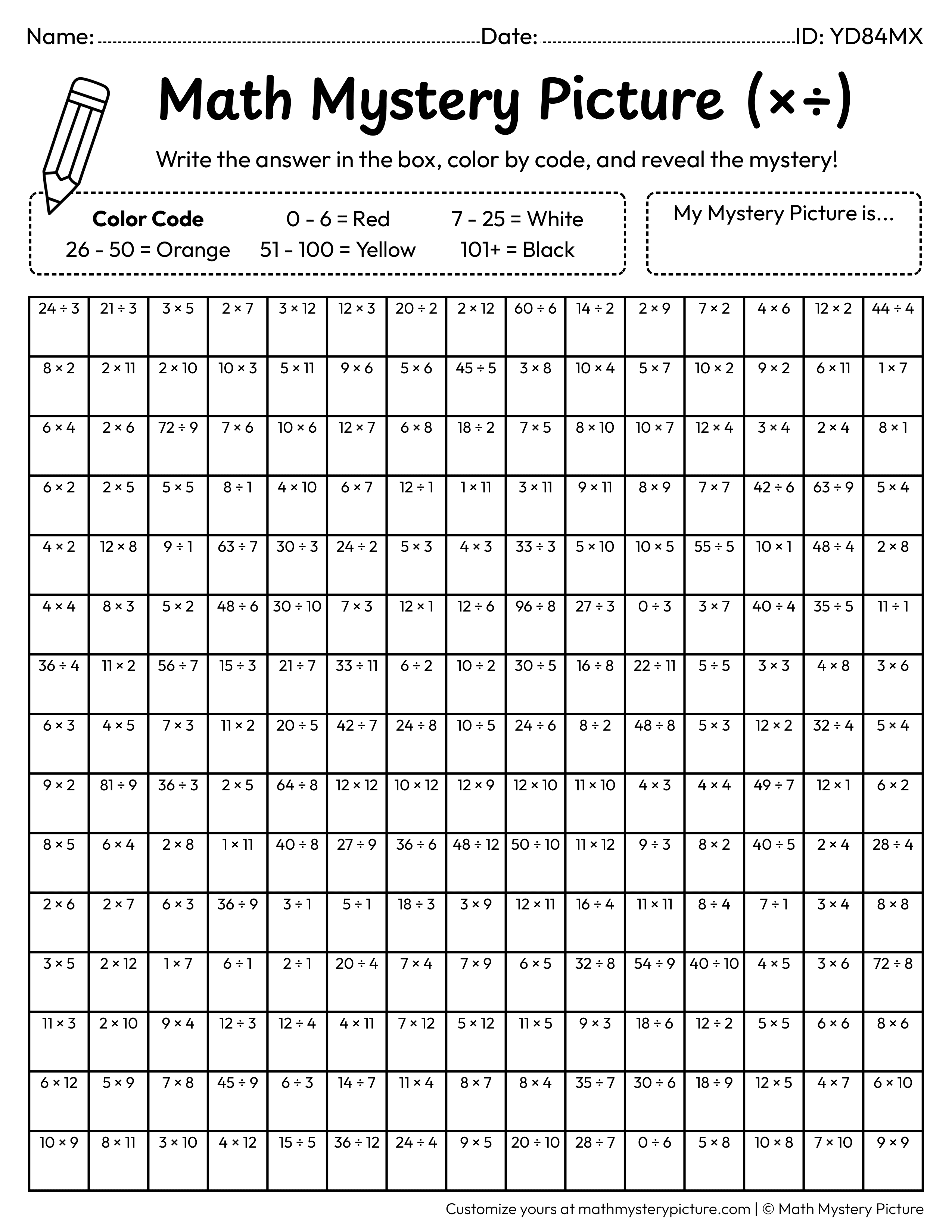 Chinese New Year Lucky Money Bag Mixed Multiplication and Division Facts Math Mystery Picture Coloring Worksheet