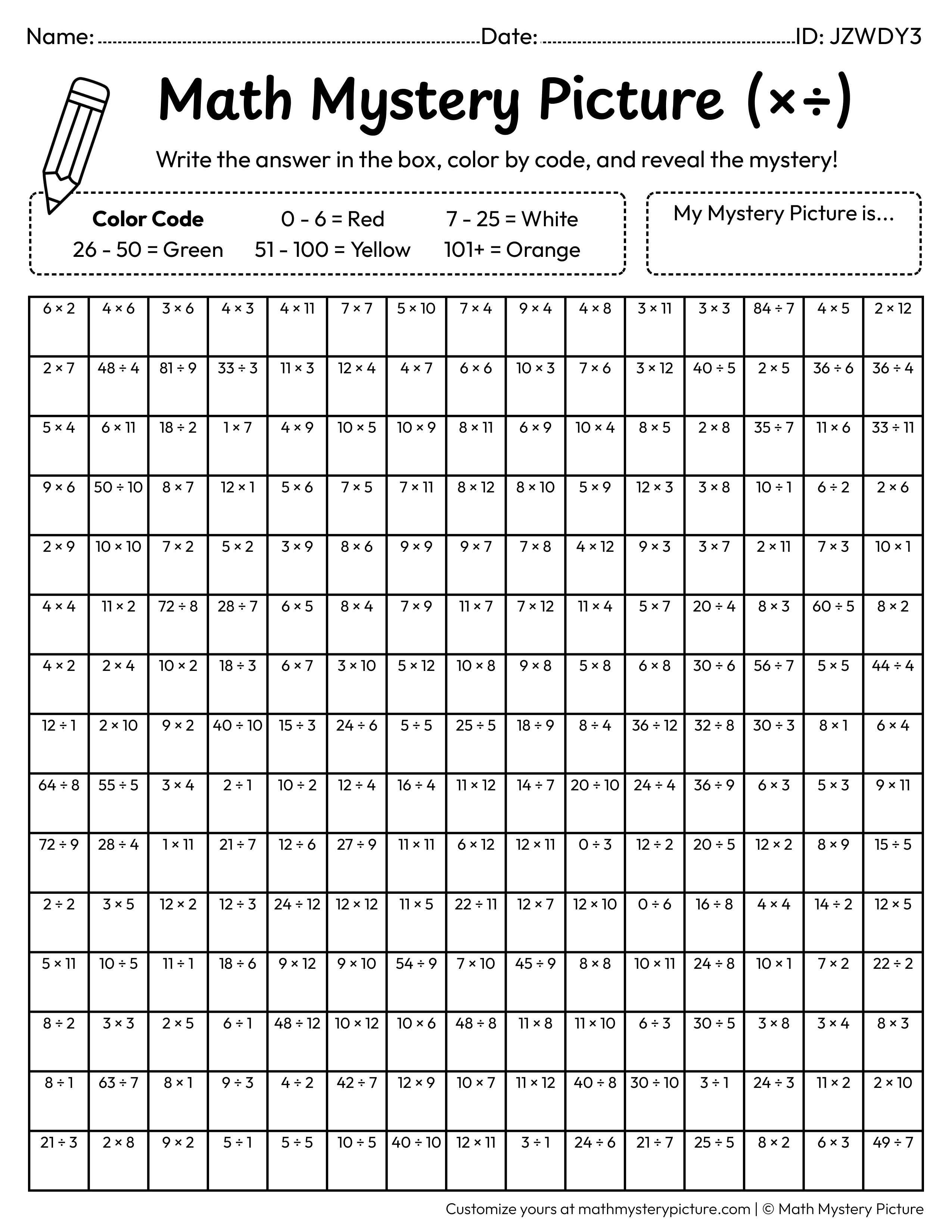 Chinese New Year Red Envelope Mixed Multiplication and Division Facts Math Mystery Picture Coloring Worksheet