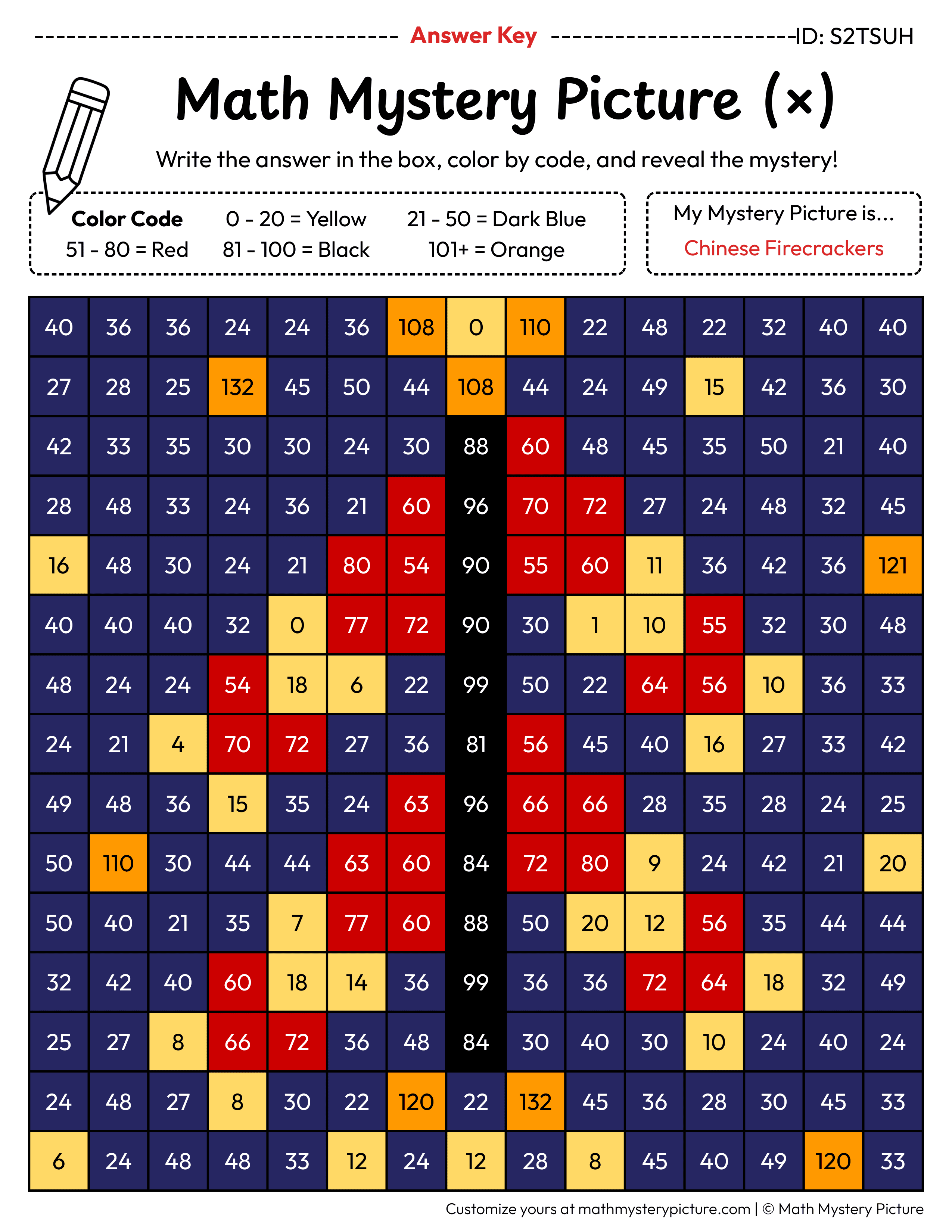 Chinese Firecrackers Multiplication Facts Math Mystery Picture Color by Number Answer Key