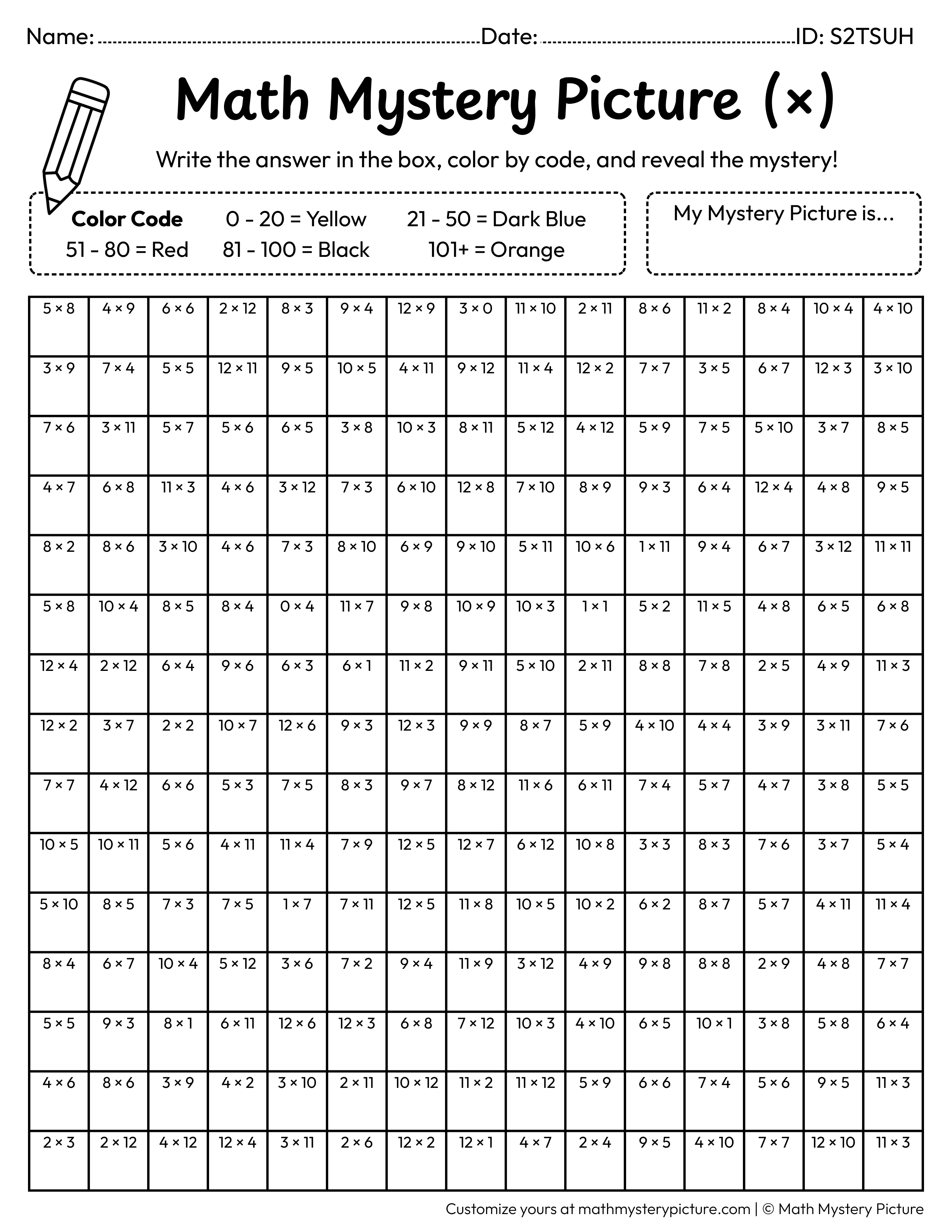 Chinese Firecrackers Multiplication Facts Math Mystery Picture Coloring Worksheet