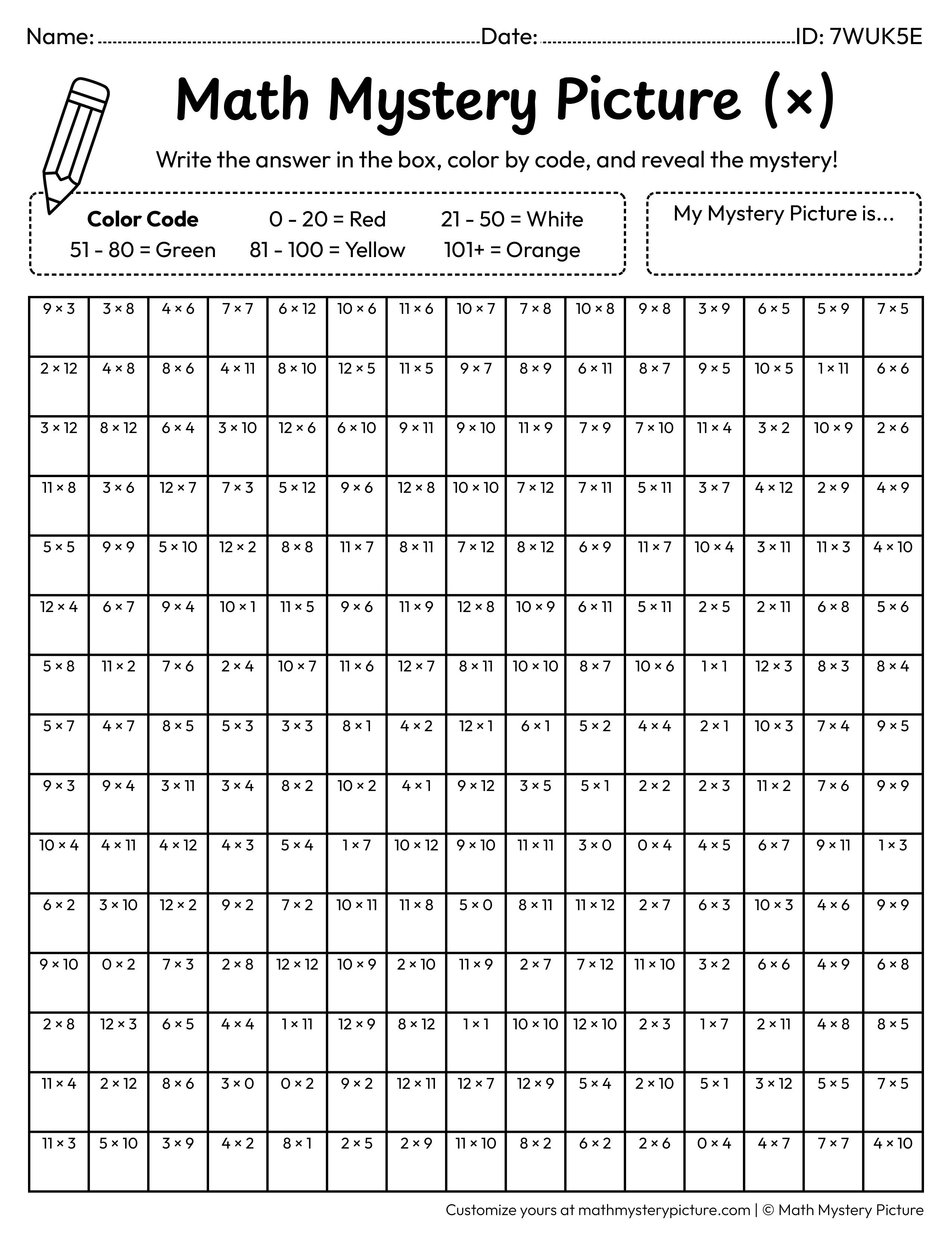 Chinese New Year Red Envelope Multiplication Facts Math Mystery Picture Coloring Worksheet