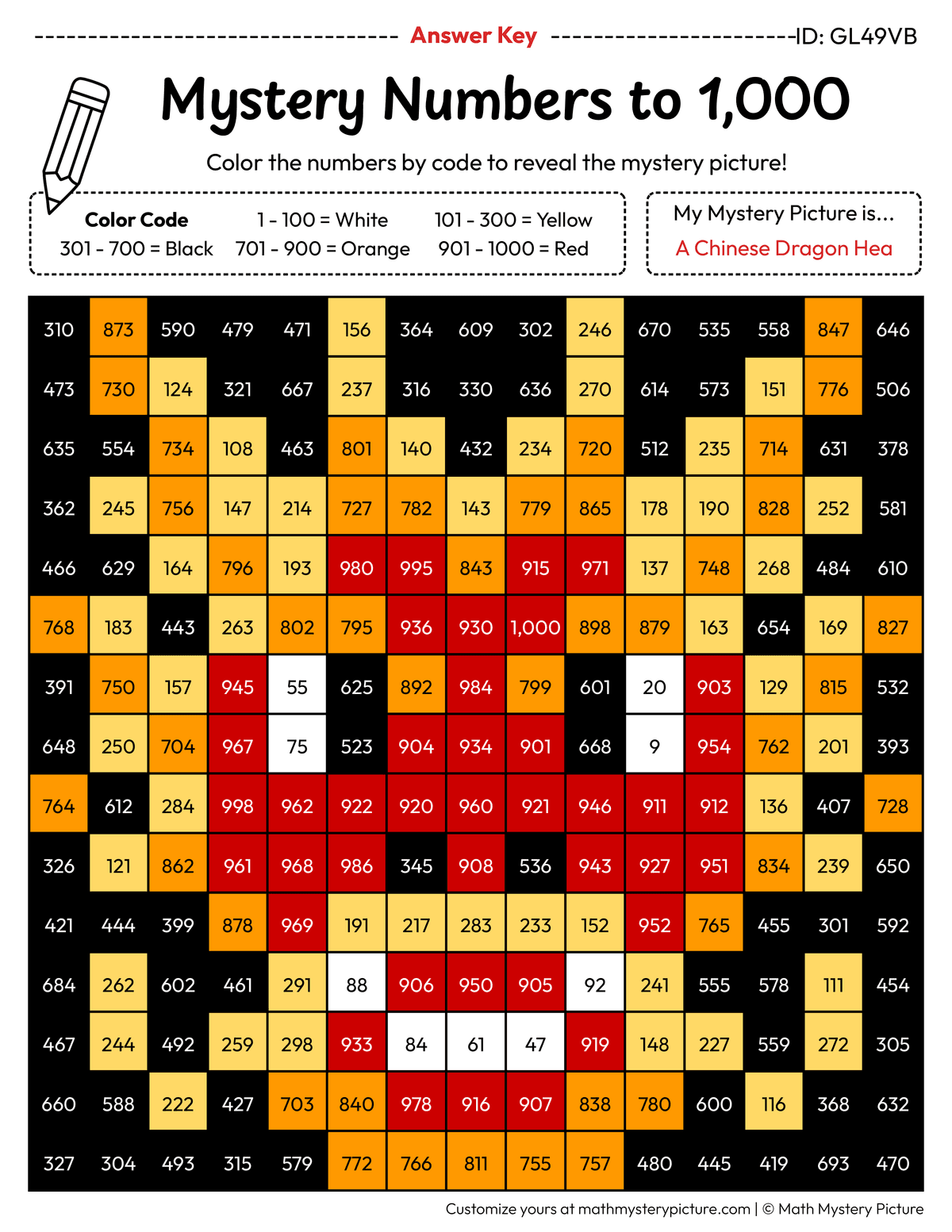Chinese Dragon Head Numbers to 1,000 Math Mystery Picture Color by Number Answer Key