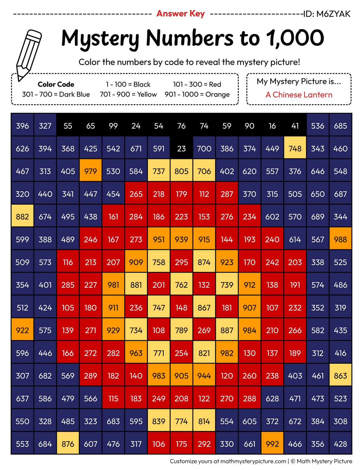 Chinese Lantern Numbers to 1,000 Math Mystery Picture Color by Number Answer Key