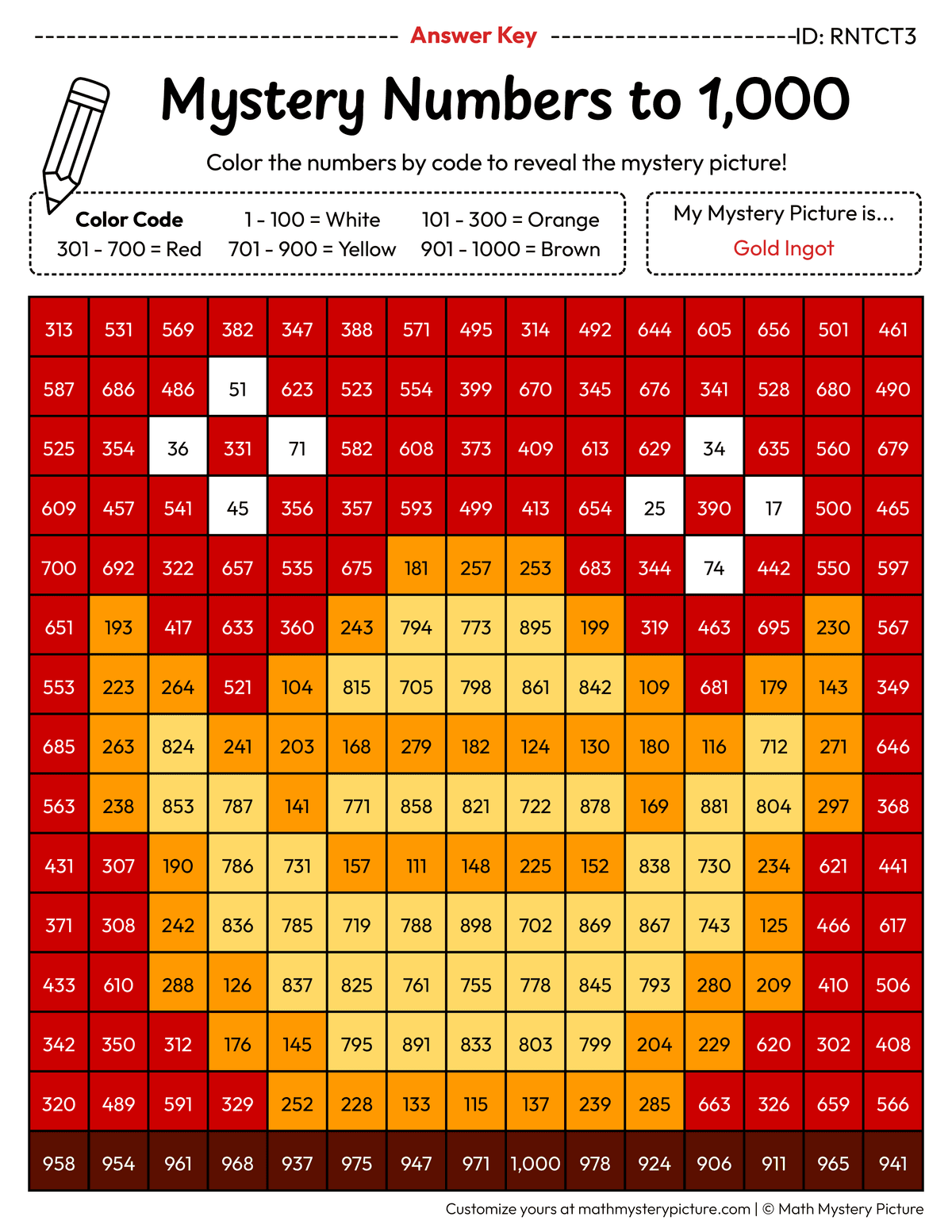 Chinese New Year Gold Ingot Numbers to 1,000 Math Mystery Picture Color by Number Answer Key