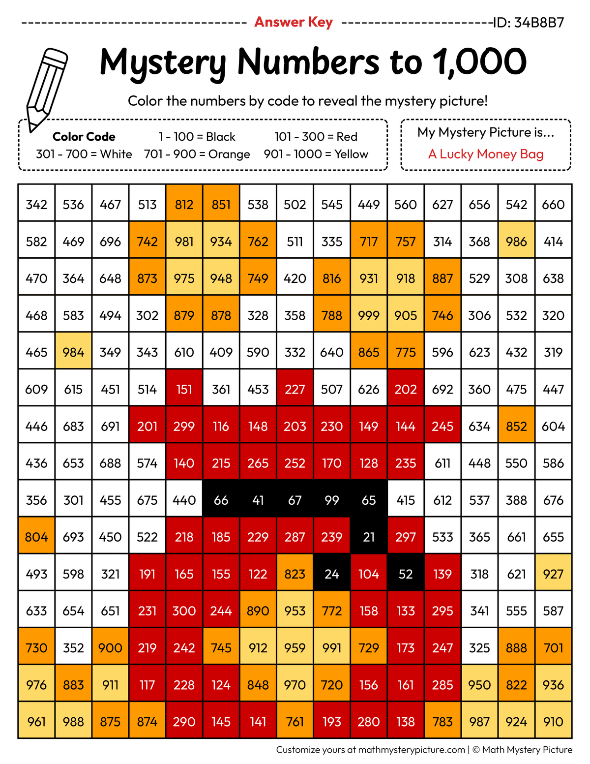 Chinese New Year Lucky Money Bag Numbers to 1,000 Math Mystery Picture Color by Number Answer Key