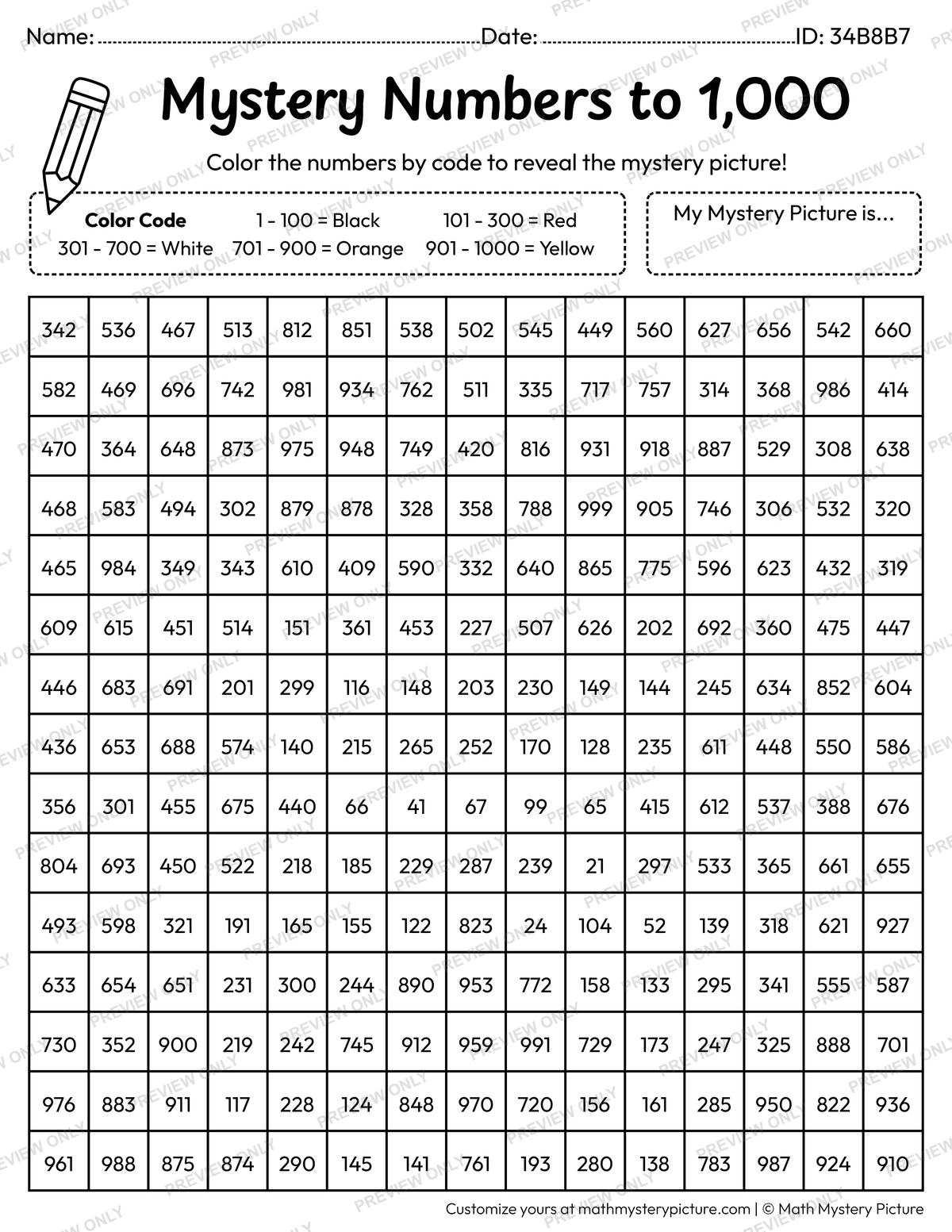 Chinese New Year Lucky Money Bag Numbers to 1,000 Math Mystery Picture Coloring Worksheet