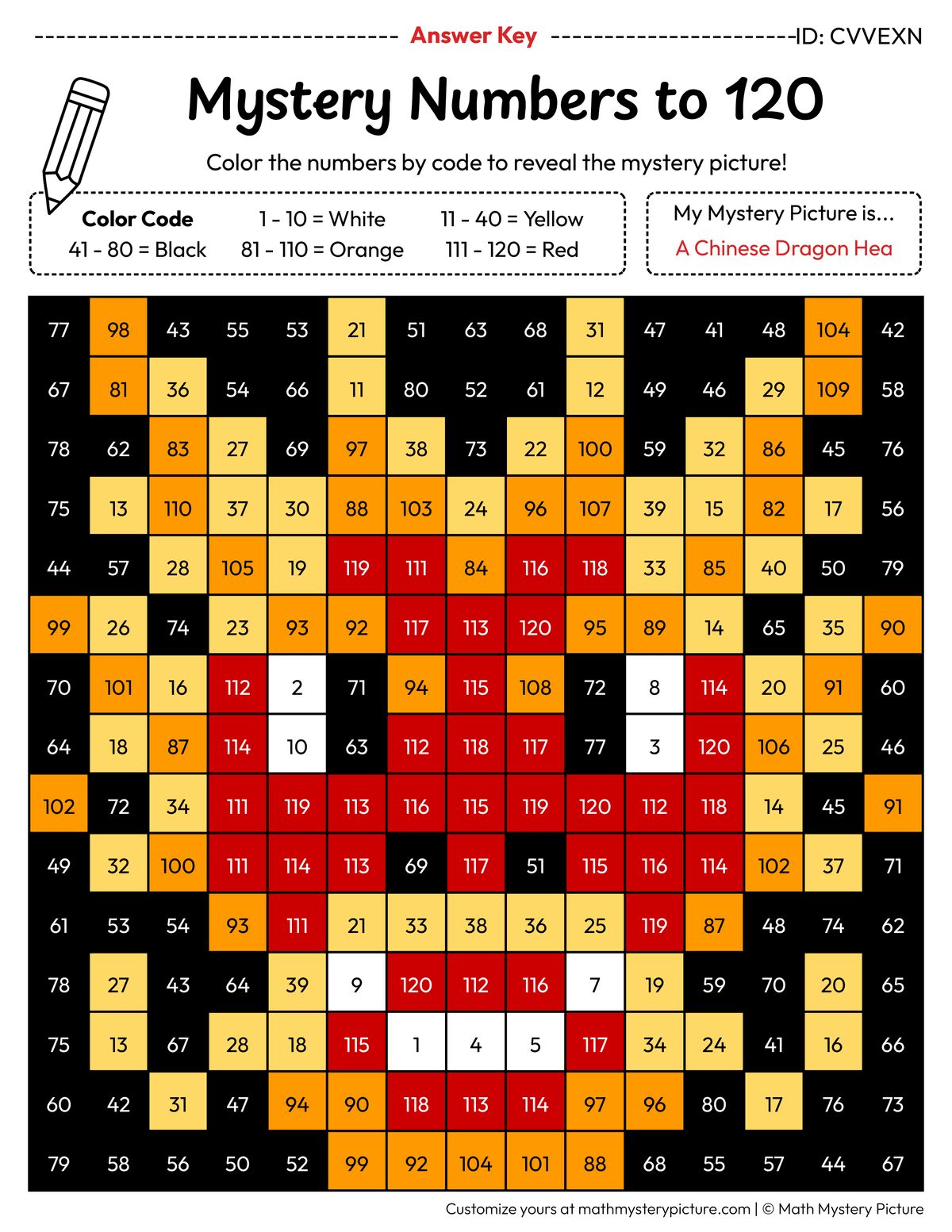 Chinese Dragon Head Numbers to 120 Math Mystery Picture Color by Number Answer Key