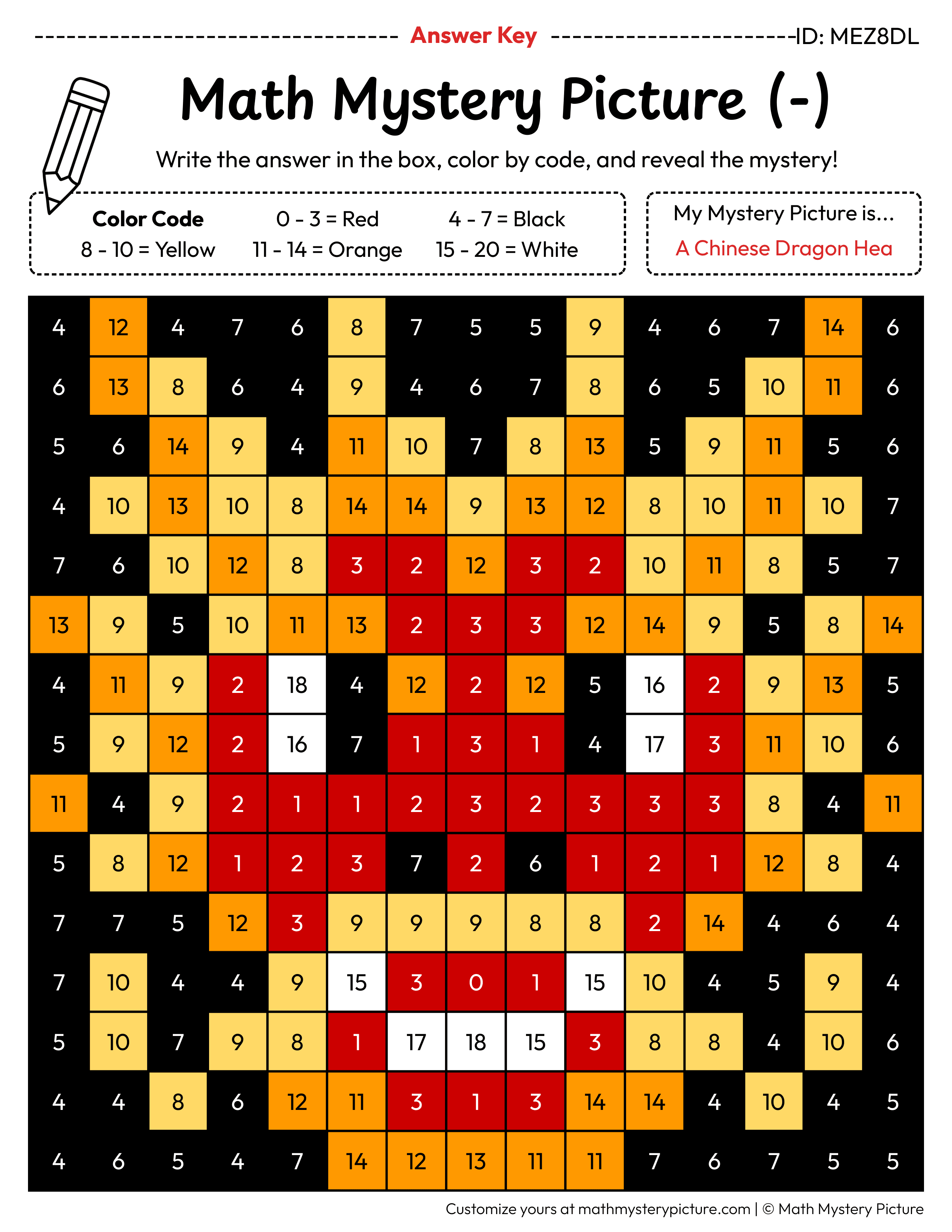 Chinese Dragon Head Subtraction Within 20 Math Mystery Picture Color by Number Answer Key