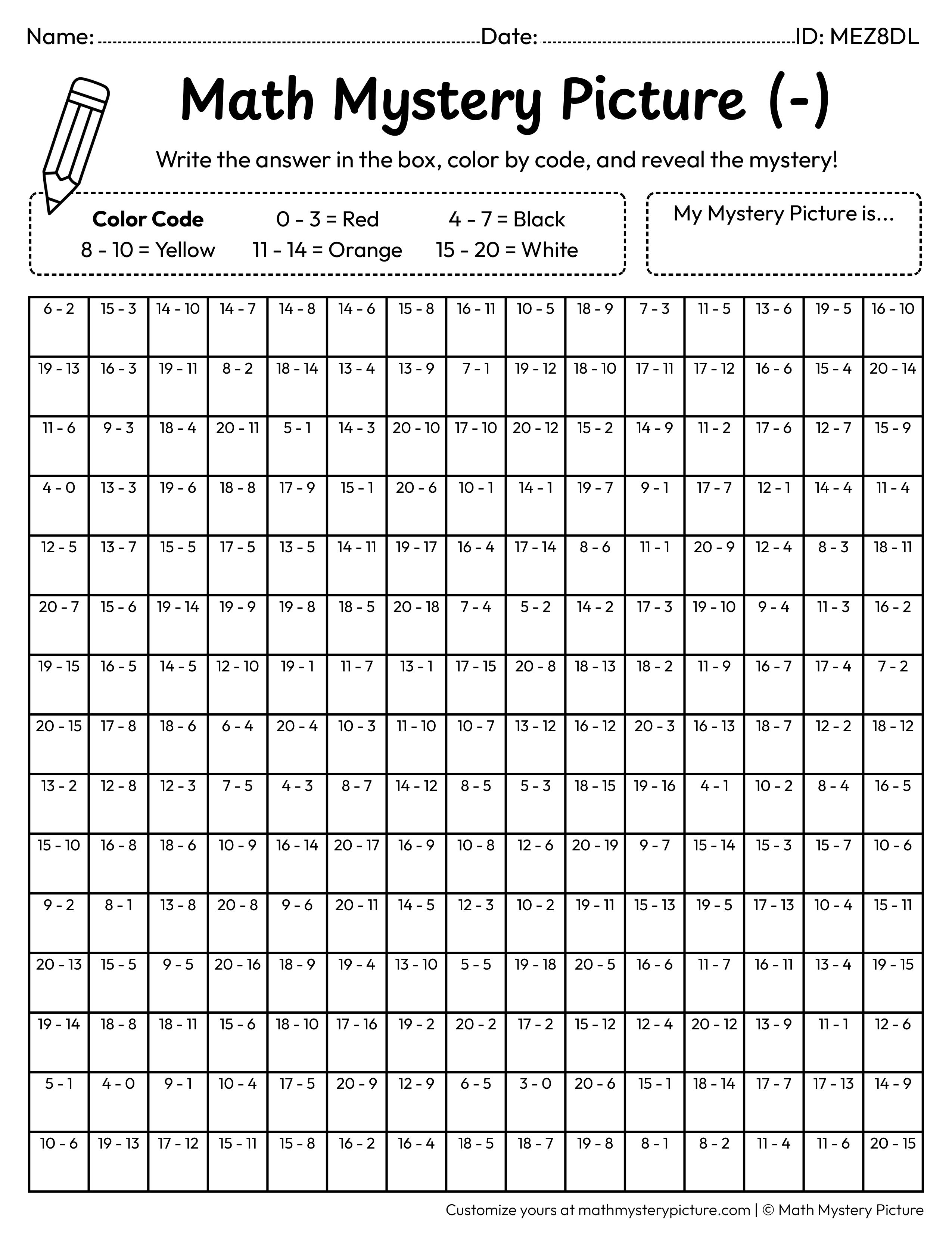 Chinese Dragon Head Subtraction Within 20 Math Mystery Picture Coloring Worksheet