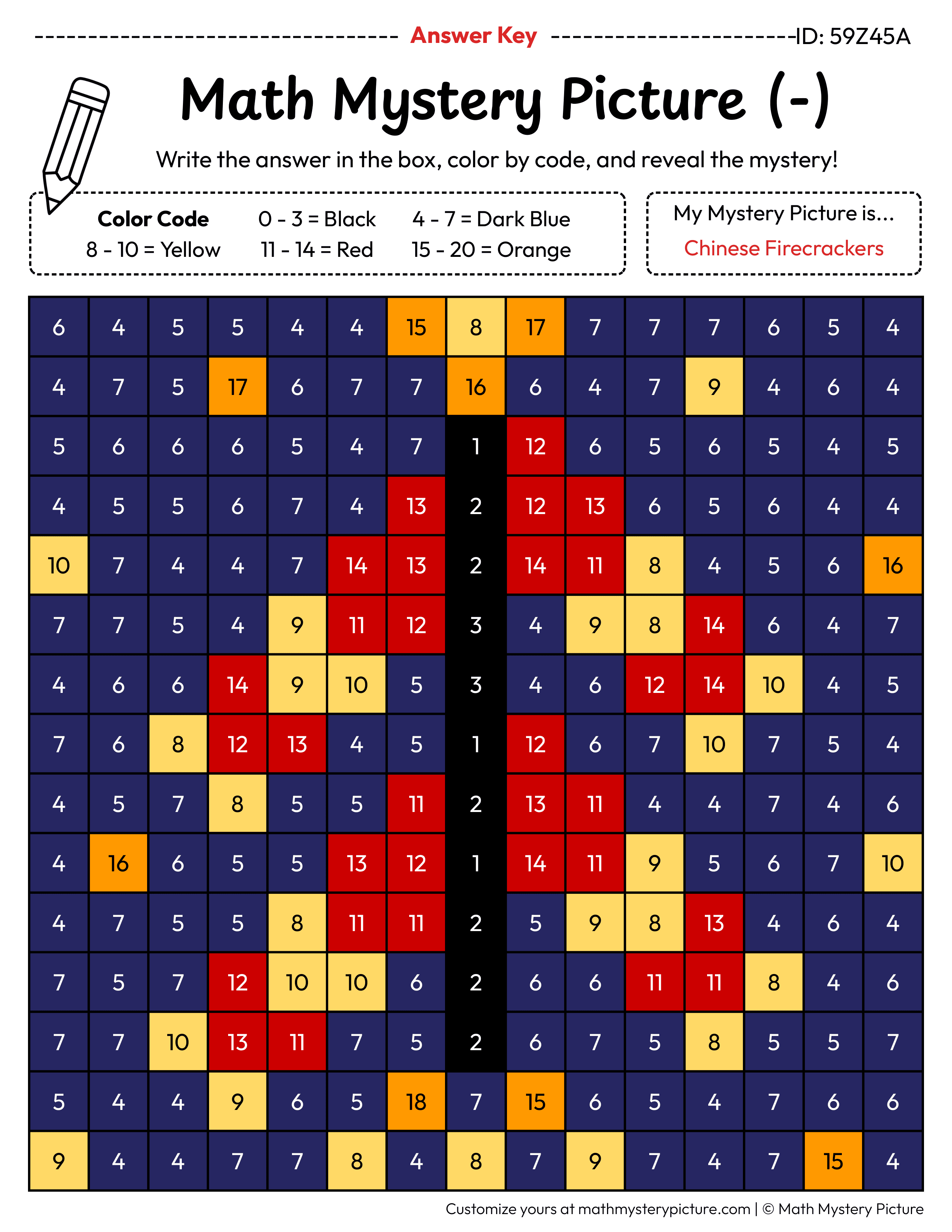 Chinese Firecrackers Subtraction Within 20 Math Mystery Picture Color by Number Answer Key