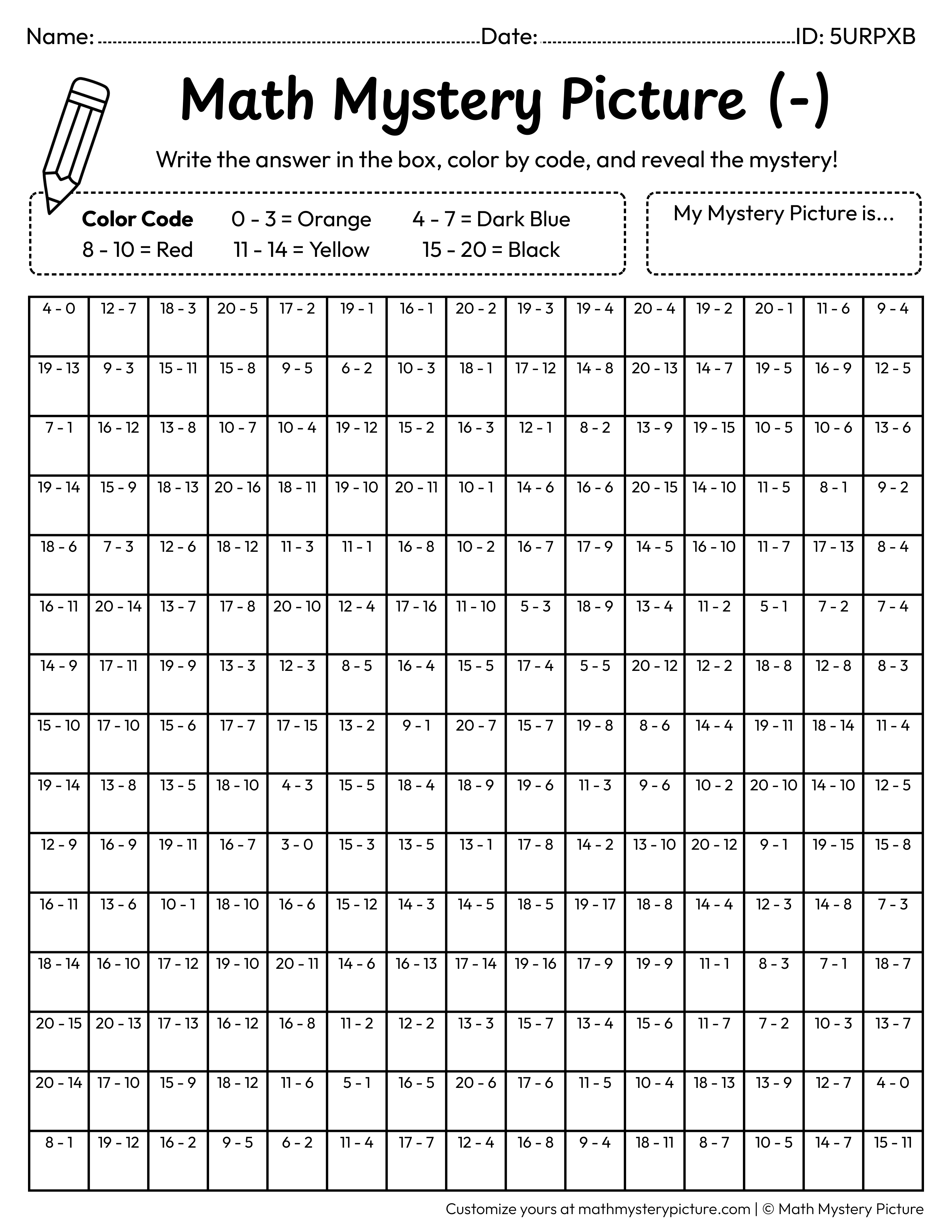 Chinese Lantern Subtraction Within 20 Math Mystery Picture Coloring Worksheet