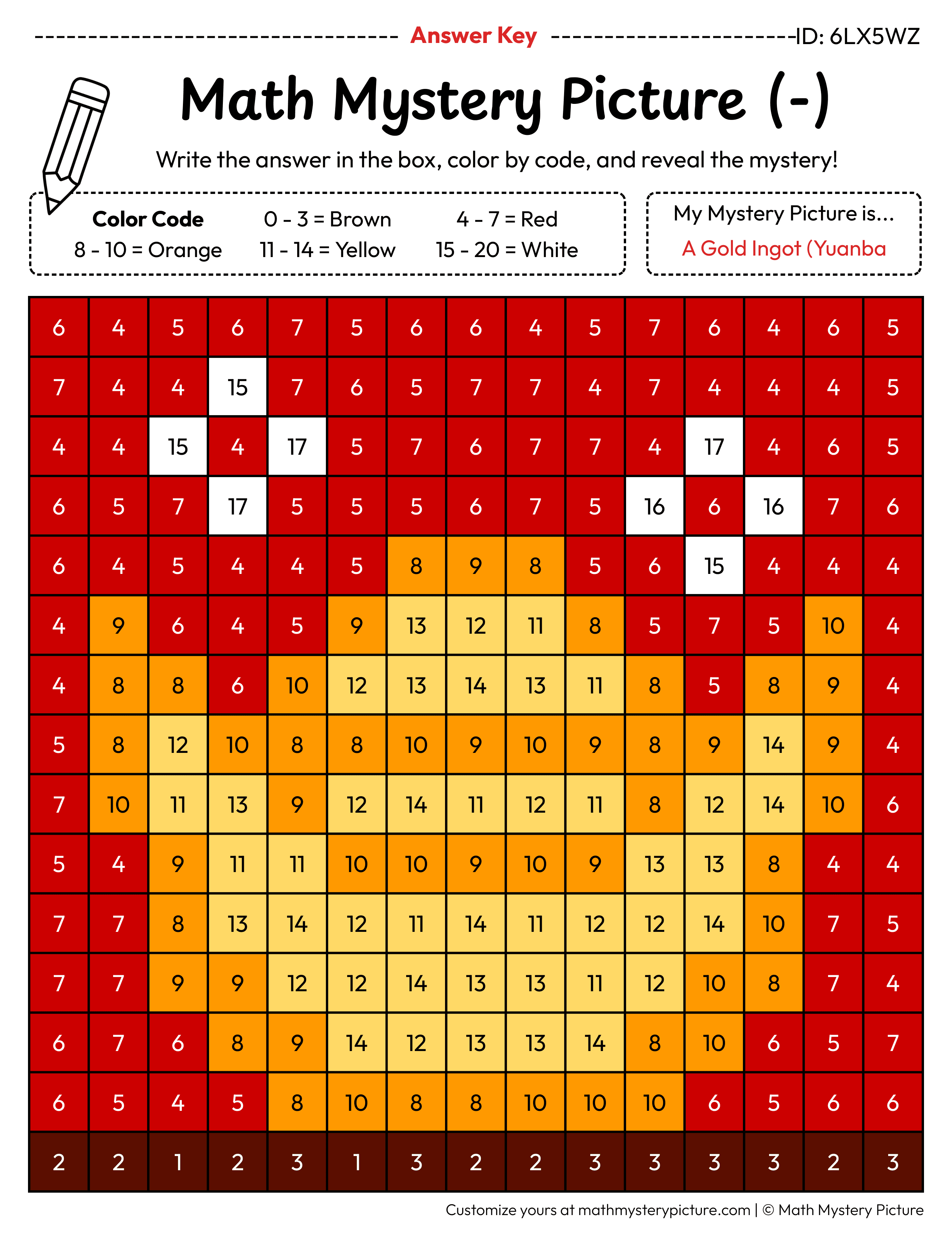 Chinese New Year Gold Ingot Subtraction Within 20 Math Mystery Picture Color by Number Answer Key