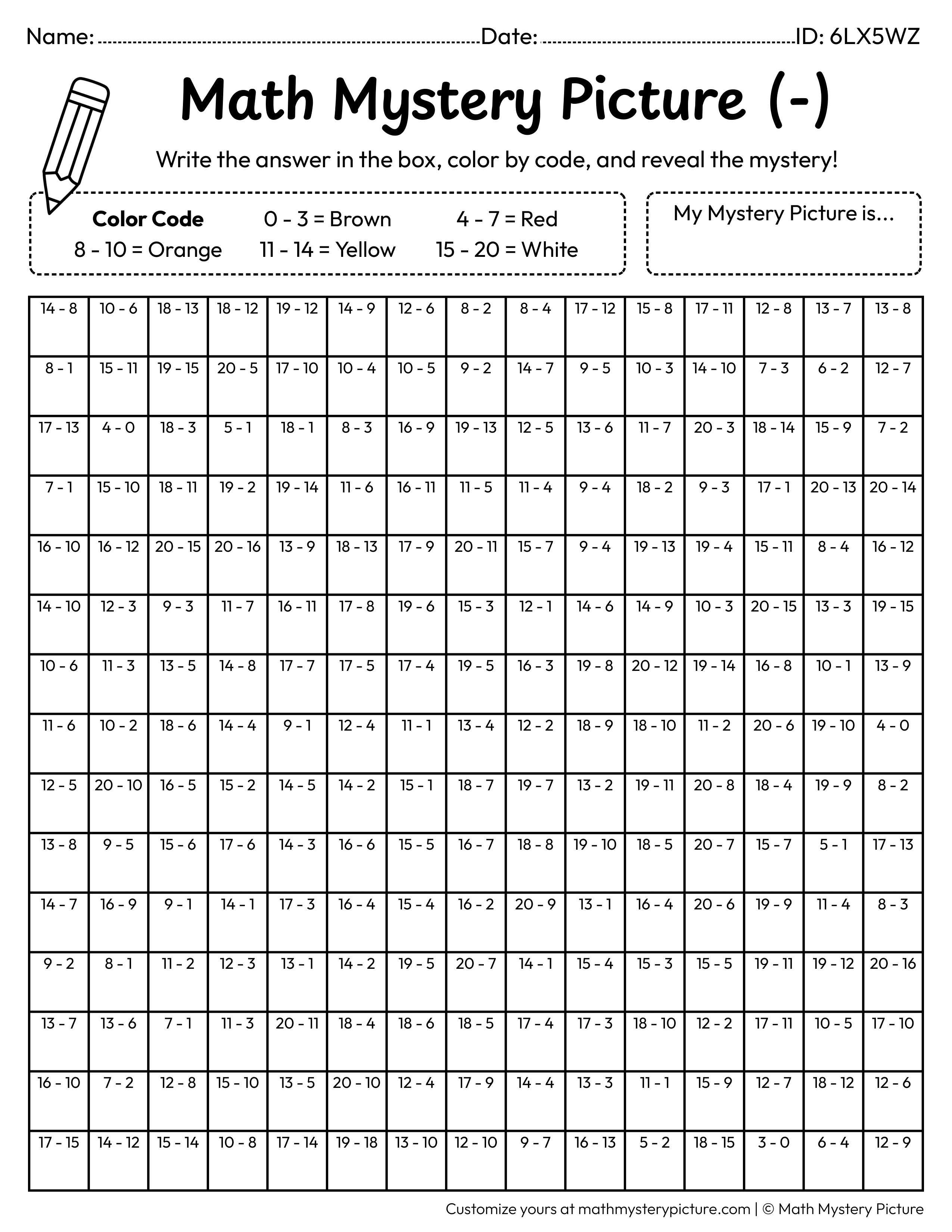 Chinese New Year Gold Ingot Subtraction Within 20 Math Mystery Picture Coloring Worksheet