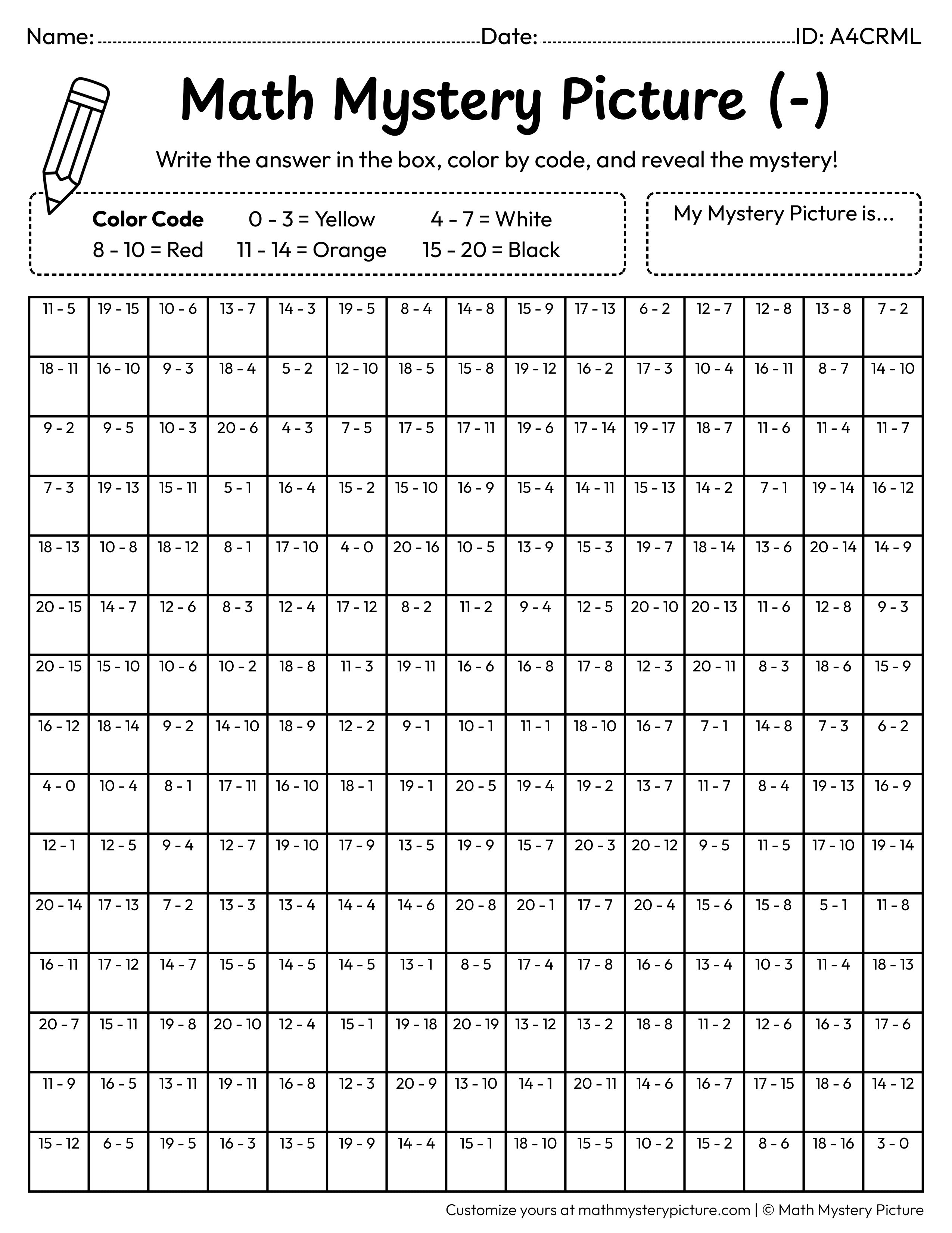Chinese New Year Lucky Money Bag Subtraction Within 20 Math Mystery Picture Coloring Worksheet