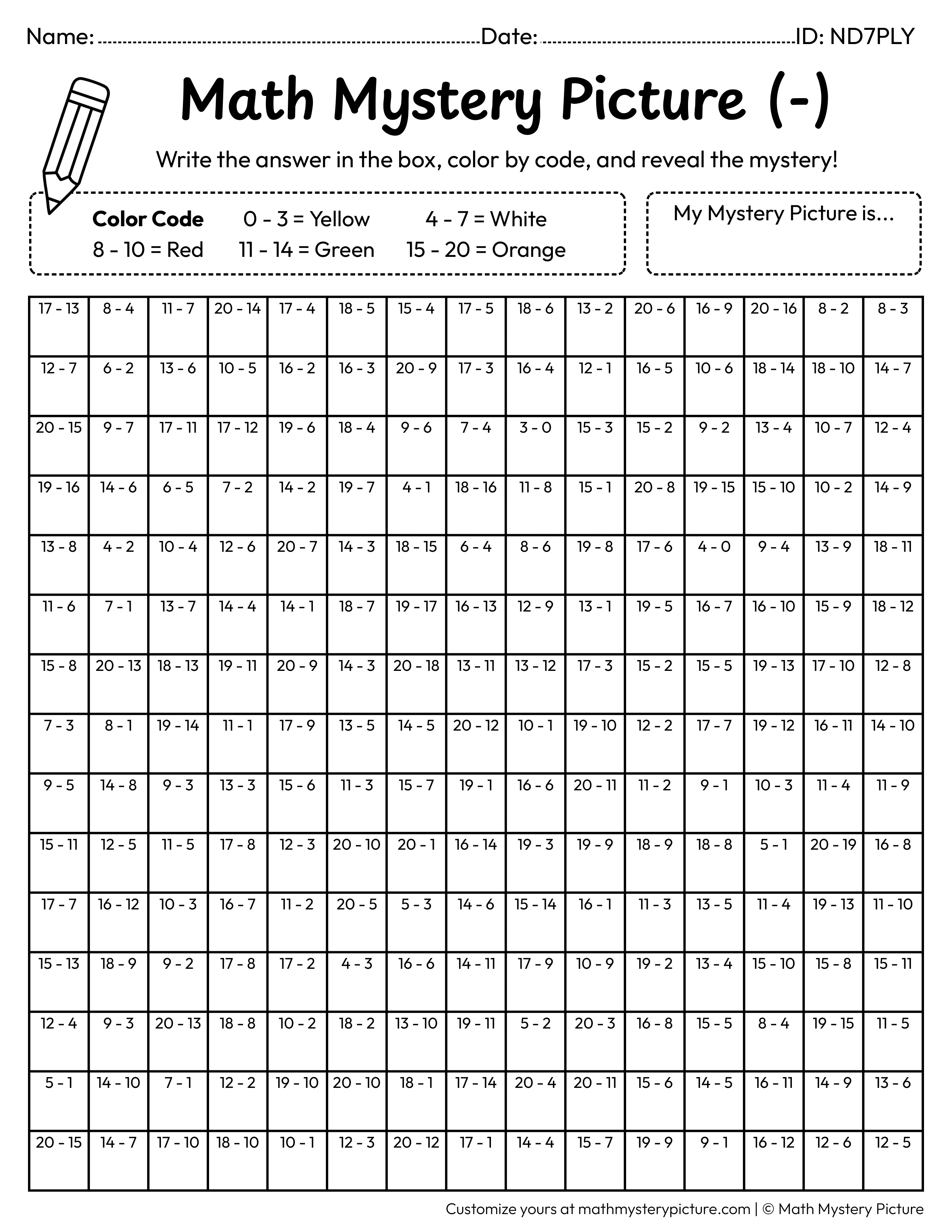 Chinese New Year Red Envelope Subtraction Within 20 Math Mystery Picture Coloring Worksheet