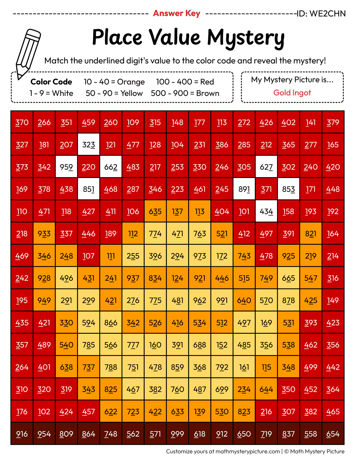 Chinese New Year Gold Ingot Value of Underlined Digit Math Mystery Picture Color by Number Answer Key