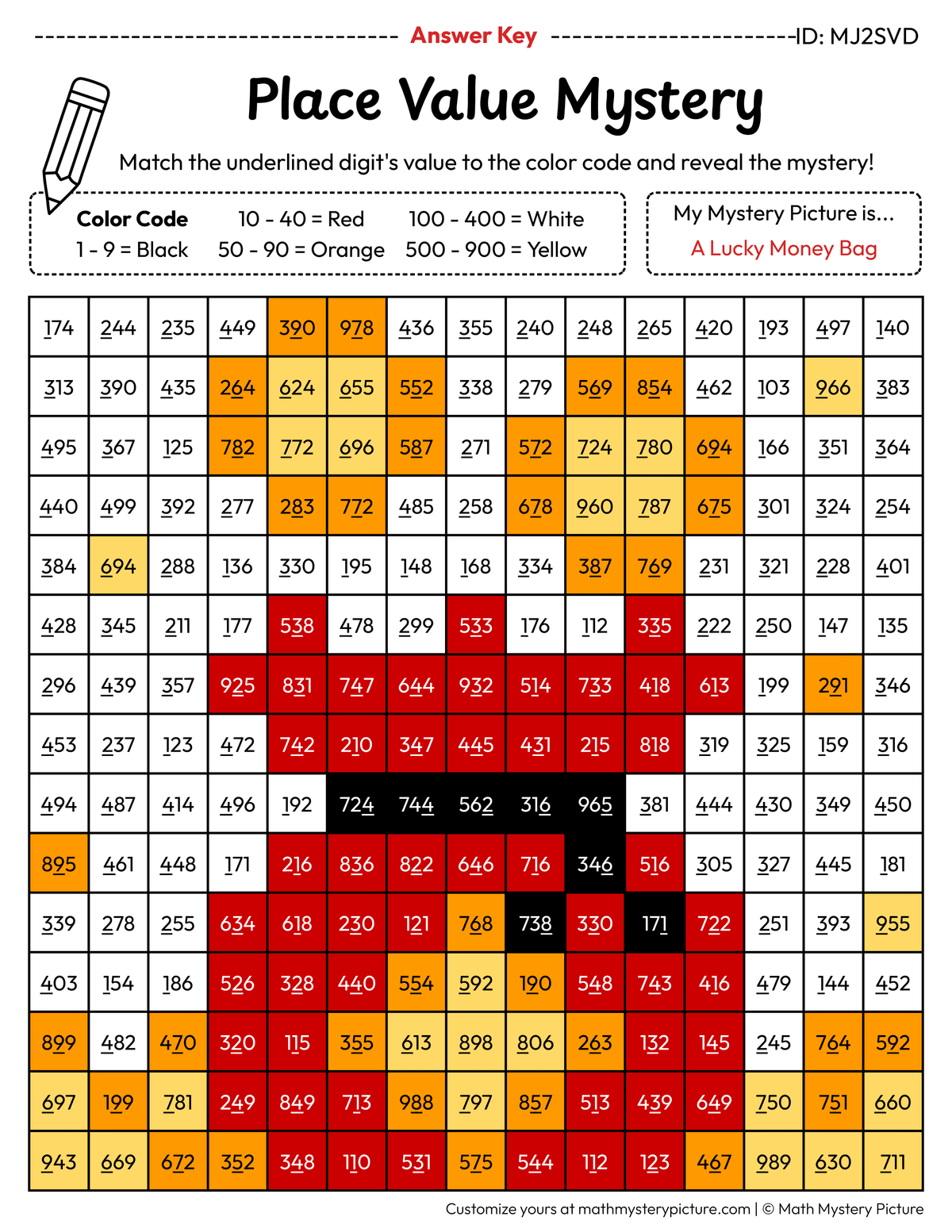 Chinese New Year Lucky Money Bag Value of Underlined Digit Math Mystery Picture Color by Number Answer Key