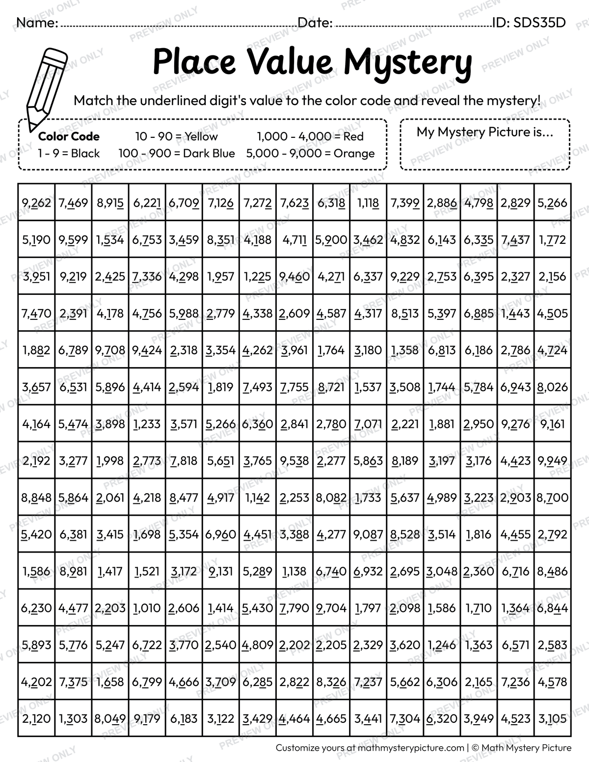 Chinese Lantern Value of Underlined Digit Math Mystery Picture Coloring Worksheet