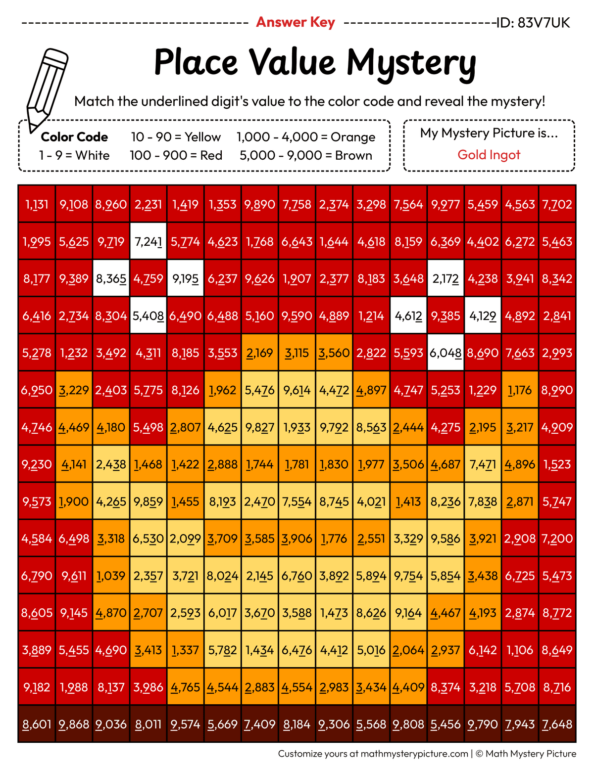 Chinese New Year Gold Ingot Value of Underlined Digit Math Mystery Picture Color by Number Answer Key