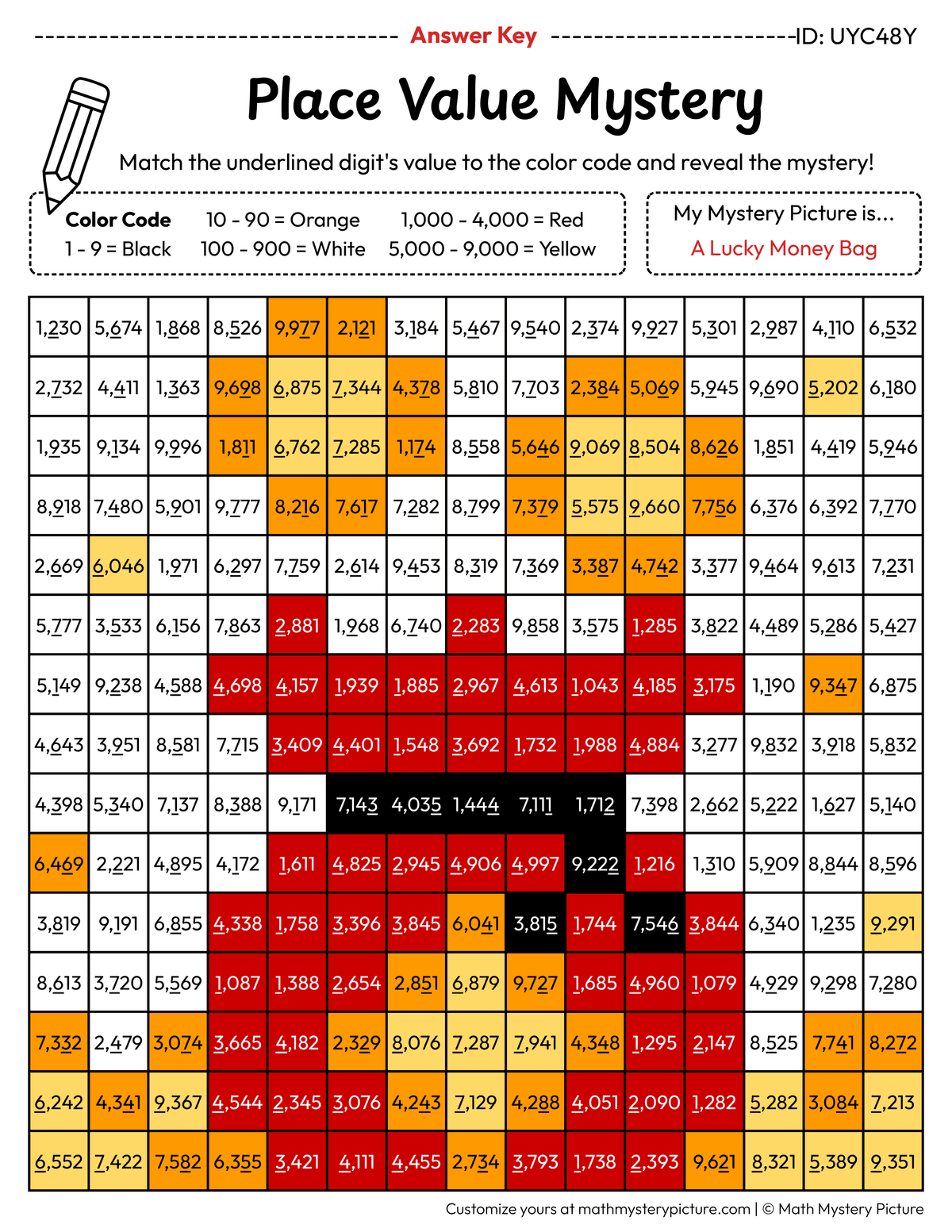 Chinese New Year Lucky Money Bag Value of Underlined Digit Math Mystery Picture Color by Number Answer Key