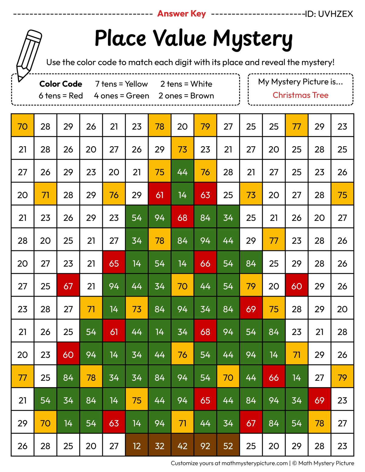 Christmas Tree 2-digit Place Value Math Mystery Picture Color by Number Answer Key